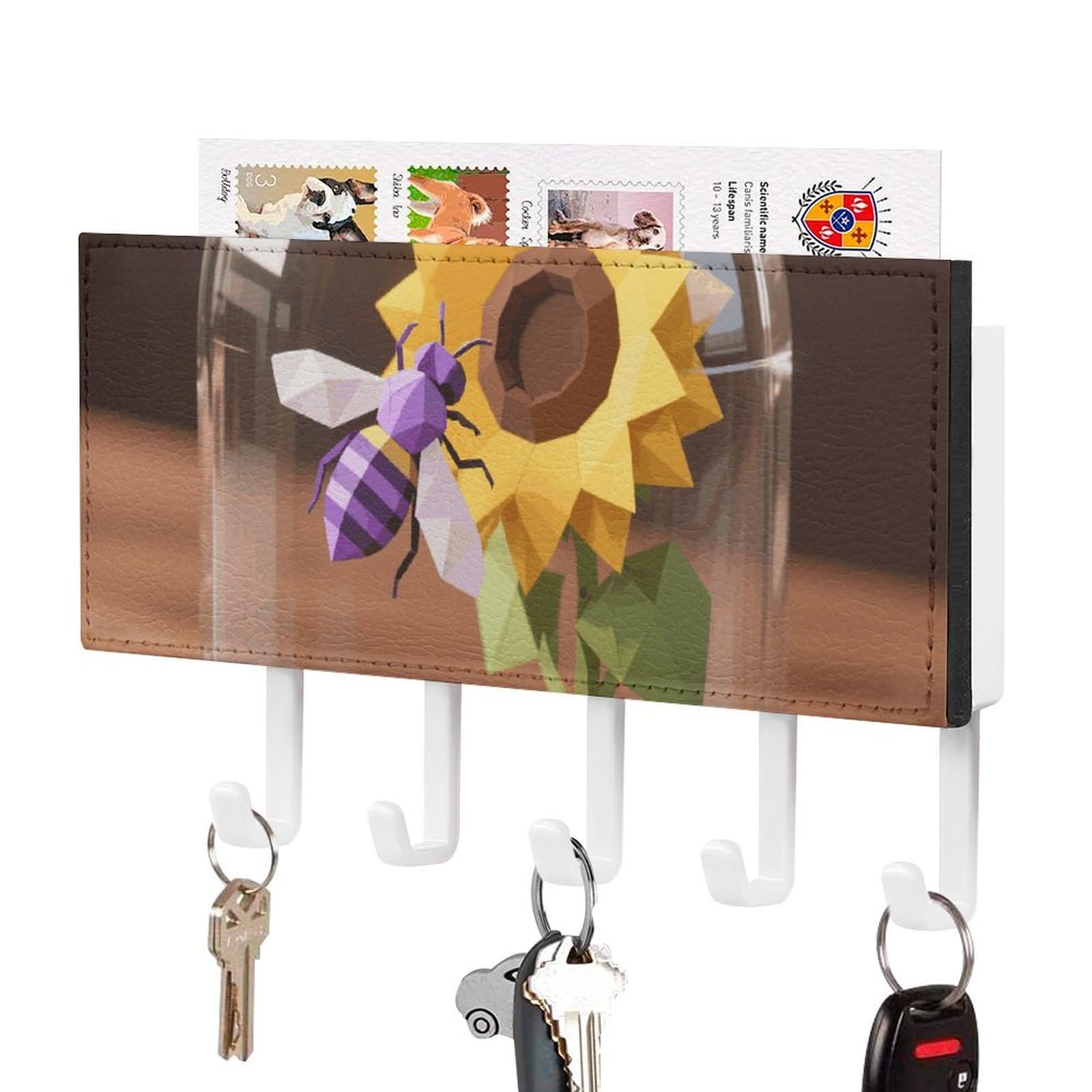DWVTSLH Geometric Bee Sunflower Key Holder for Wall, Decorative Key Hooks with Mail Organizer & 5 Hooks, Self Adhesive Leather Key Hanger for Entryway, Wall Mounted Key Rack (7.1” X 4.3” X 0.9”)