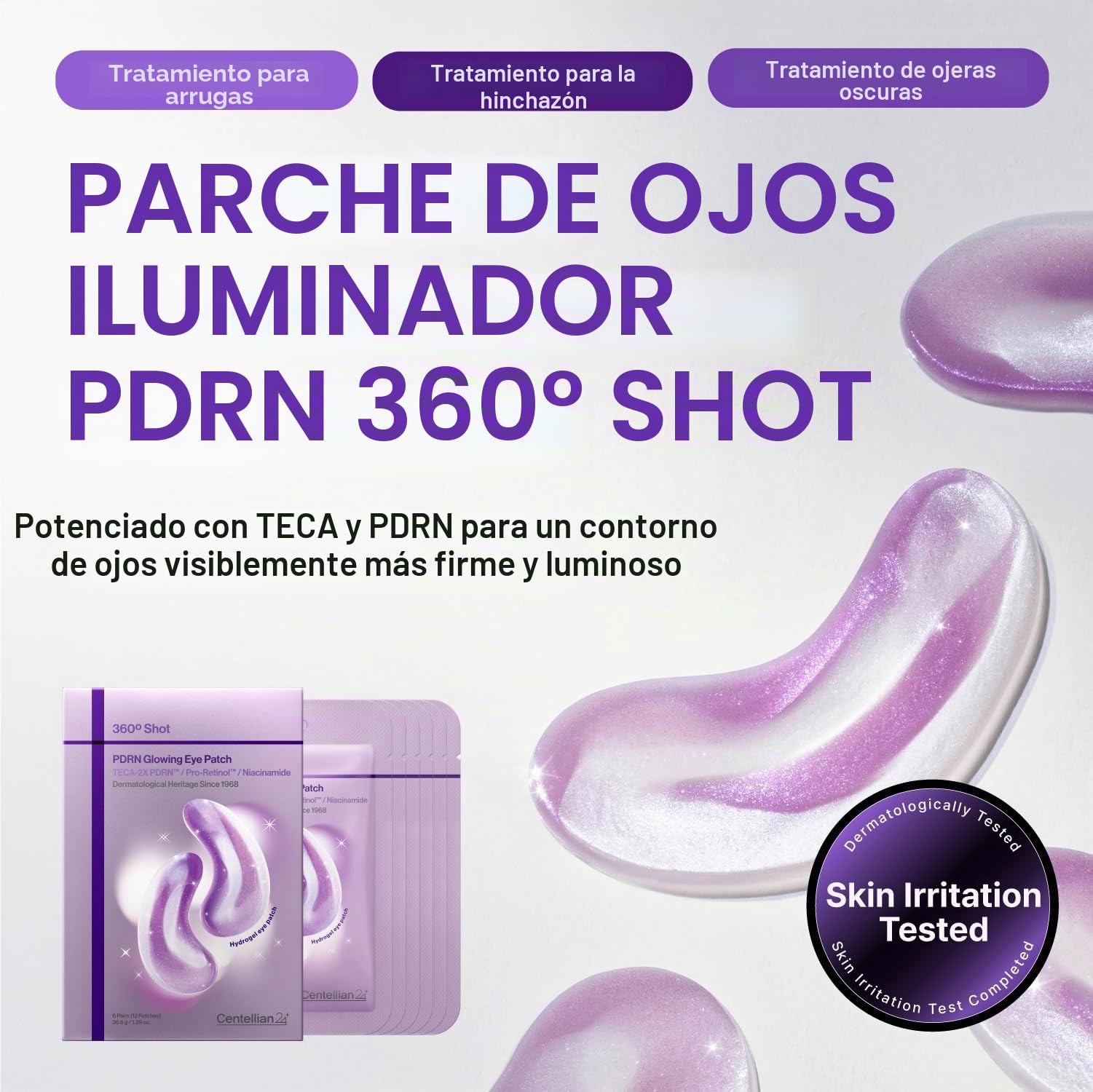CENTELLIAN 24 360 Shot PDRN - Parche brillante para los ojos (6 juegos, 12 unidades) – Parches de hidrogel revitalizante instantáneo y revitalizante de círculos oscuros debajo de los ojos con PDRN