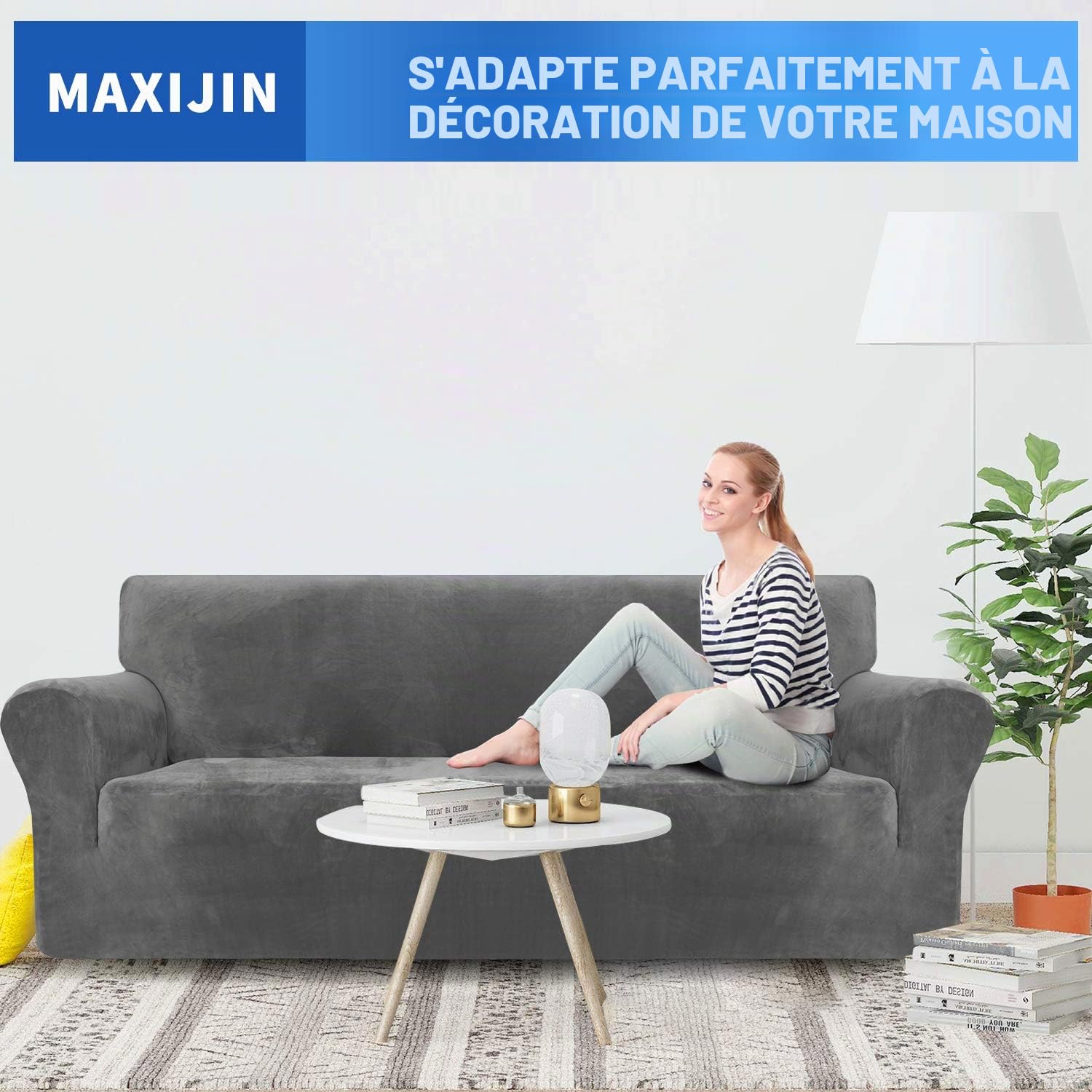 MAXIJIN Housse de canapé en Velours épais 3 Places Super Extensible pour Chiens Cat Pet Friendly 1-Piece Elastic Furniture Protector Gris
