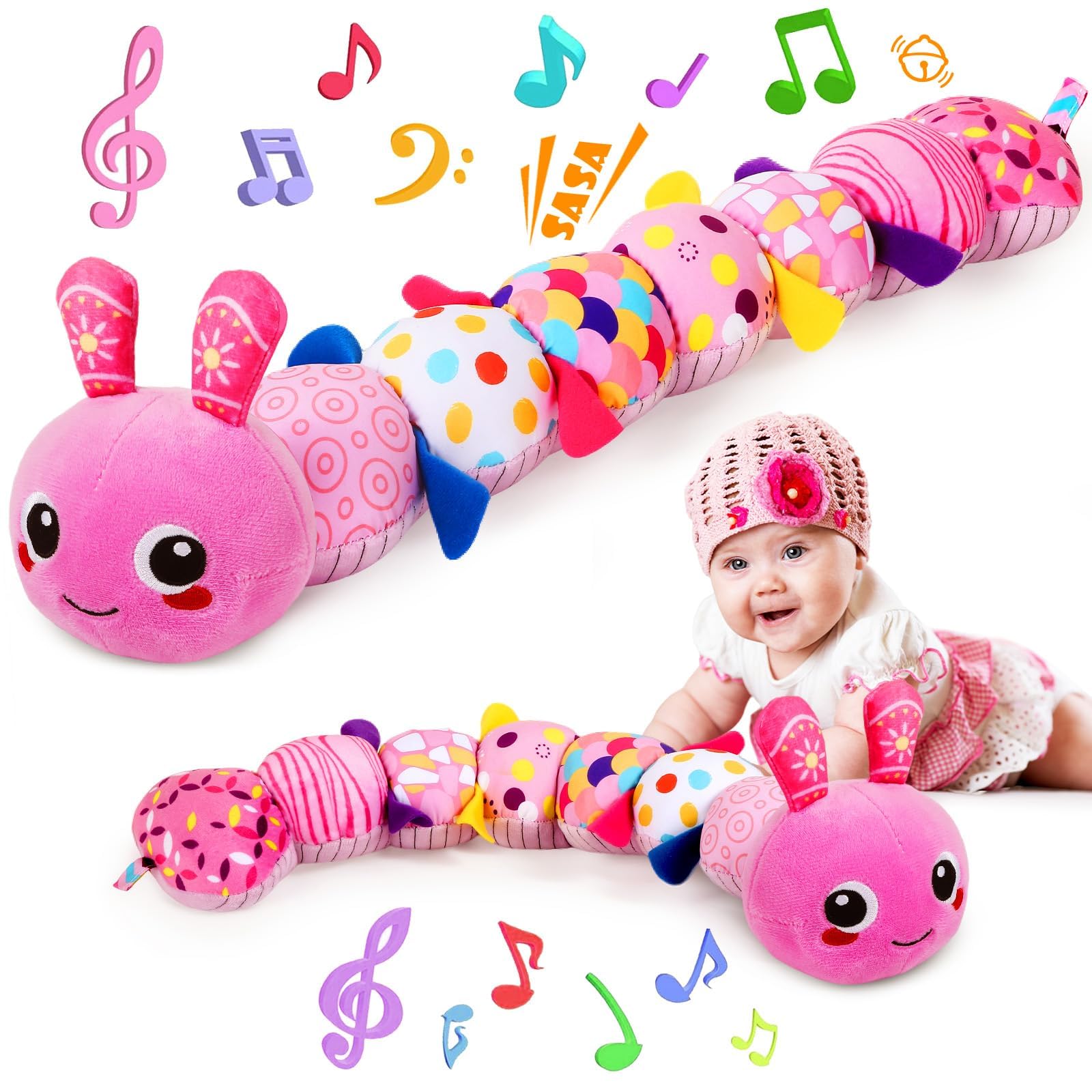 Baby Sensory Caterpillar Toys for 0-6 6-12 Months | Soft Plush Activity Toy with Crinkle, Rattle & Gentle Music, Tummy Time T