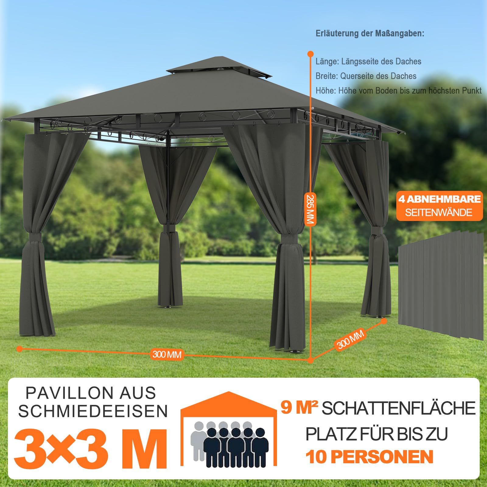 Devoko Garden Pavillon 3x3 Wasserdicht Stabil Winterfest Deluxe Gazebo, UV-Schutz 50+ Doppellagiges Grilpavillons mit seitenwänden für 4-8 Personen, Partyzelt für Freizeit, Partys,Grau