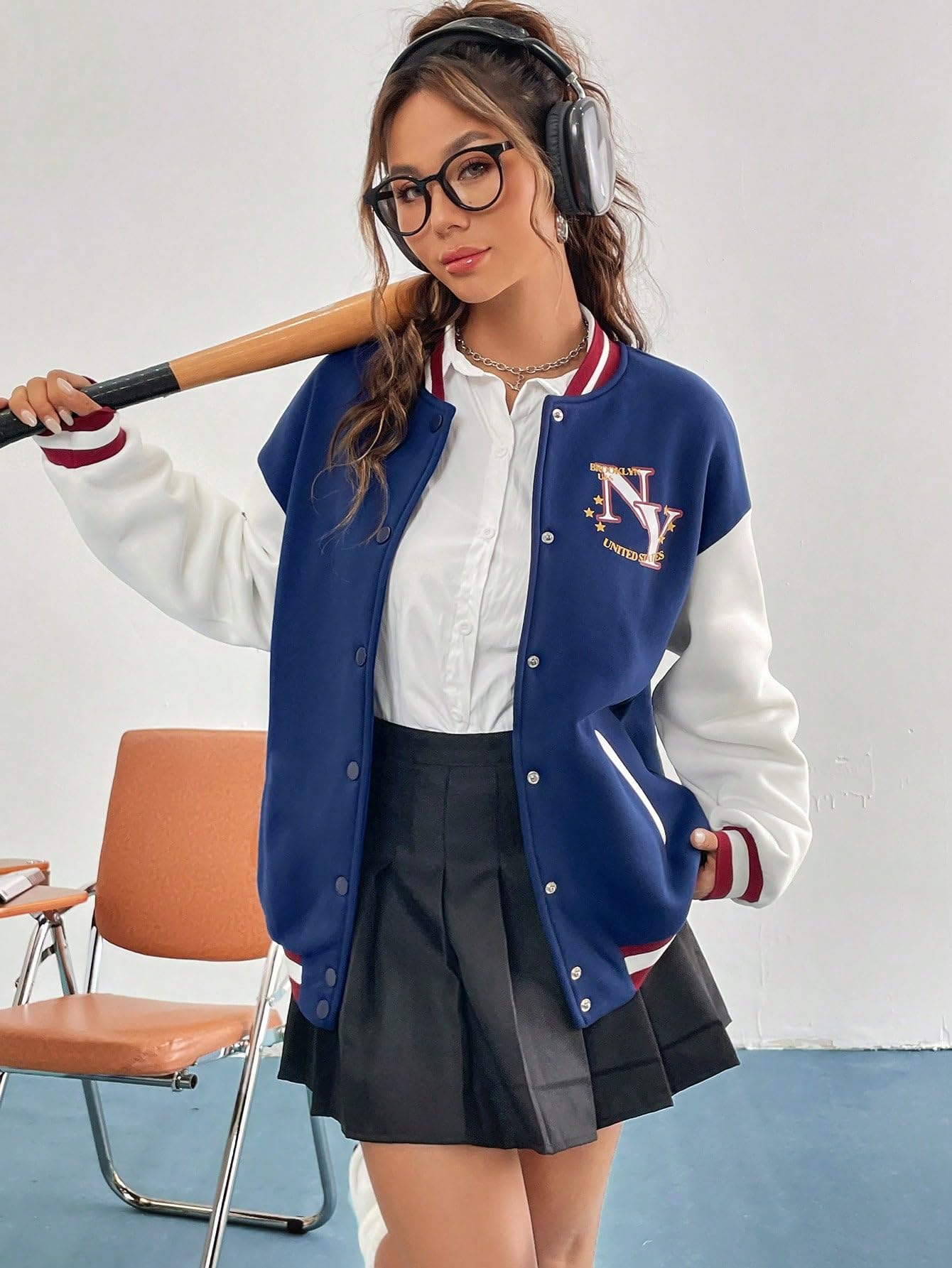 Women's Jacket Letter Graphic Striped Trim Drop Shoulder Varsity