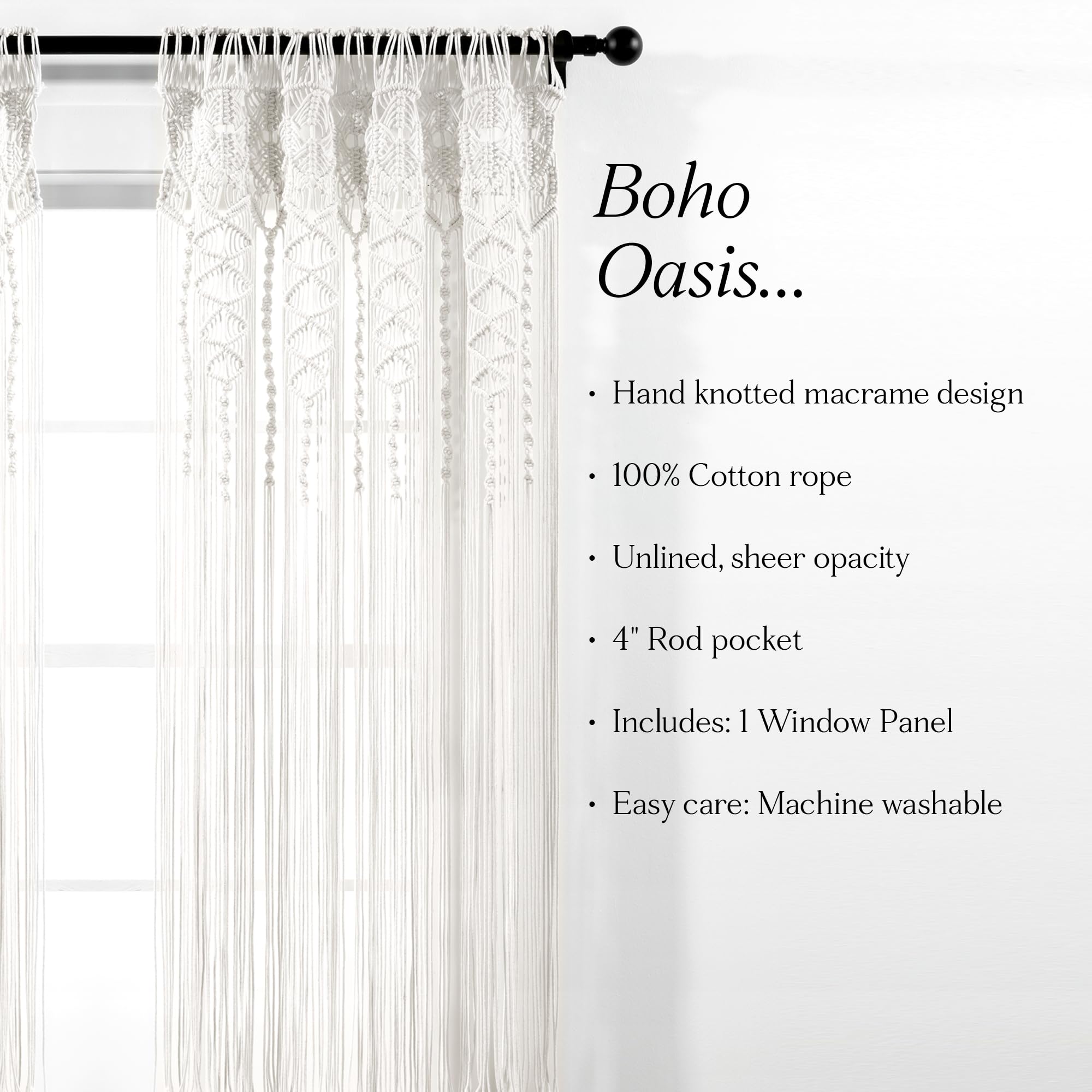 Lush Decor Rideau de fenêtre bohème en Coton texturé en macramé, 213,4 cm (L) x 101,6 cm (l) - Blanc