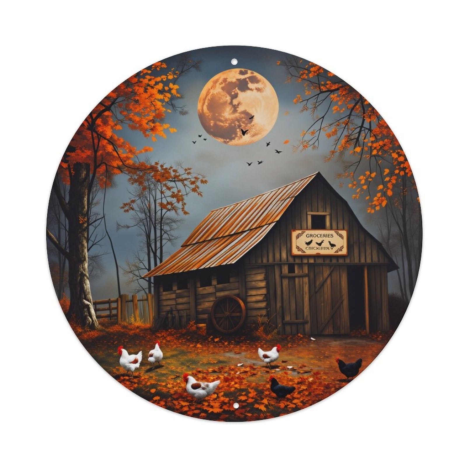 Moon Barn Chickens Leaves Trees Night Sky Birds Metal Tin Sign Plaque
