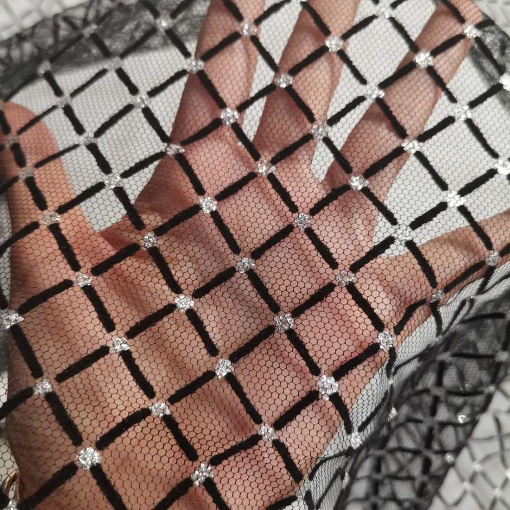 Net Flocking Geometric Diamond Grid Mesh Lace Fabric for ' Tulle Dress Wedding Gauze Skirt Garment Sewing Decorative Fabric - (Color: Black Gold/Size: 45X150Cm(0.5 Yard) - 35G)