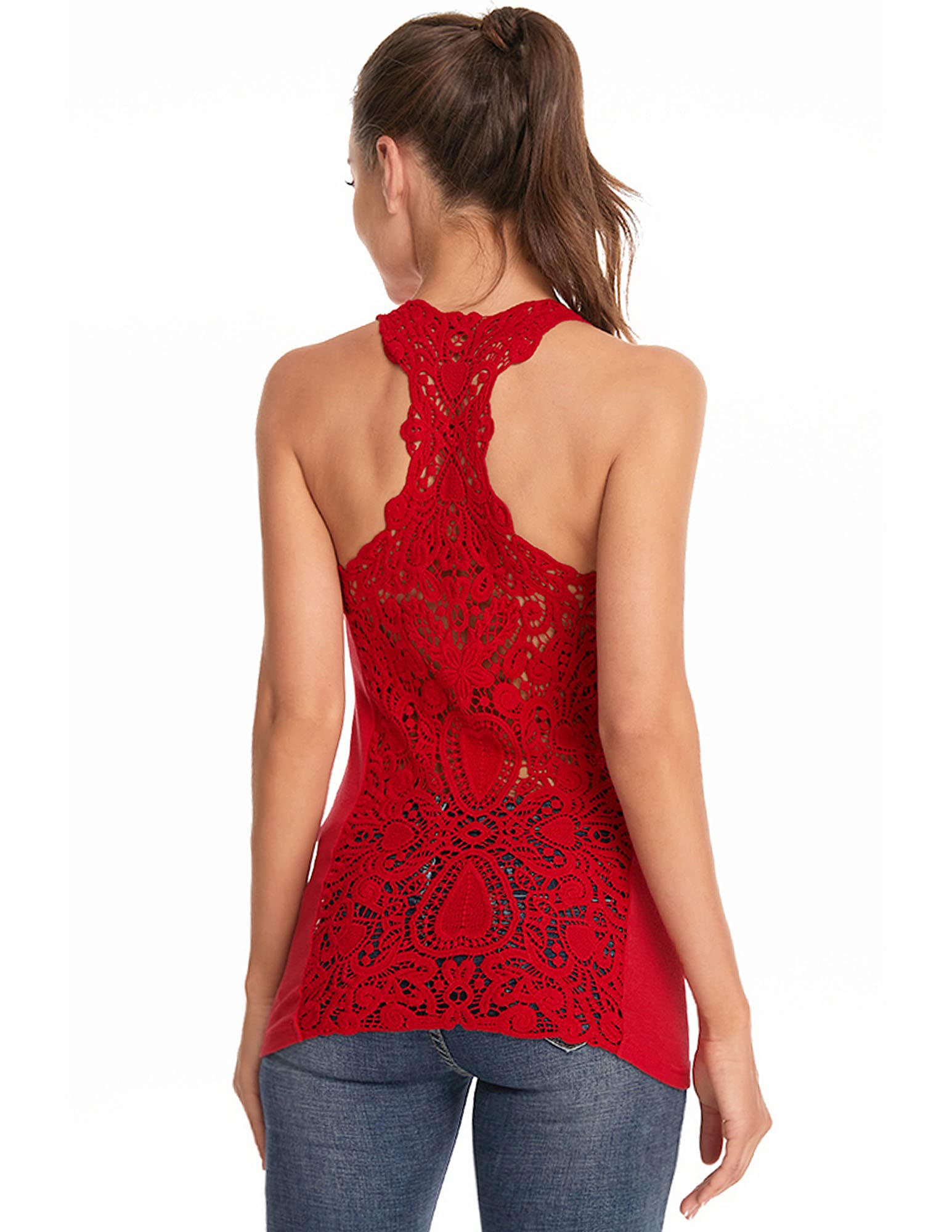 AmélieBoutik Women Scoop Neck Crochet Lace Eyelet Racerback Sleeveless Tank Top (Red Large 14)