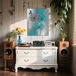 LB Teal Dandelion Toile Wall Art Teal Grey Dandelion avec Papillon sur Modern Abstract Wall Art Esthétique Wall Decor pour Salon Chambre Salle de bain Bureau, Framed Ready to Hang 16Lx12W