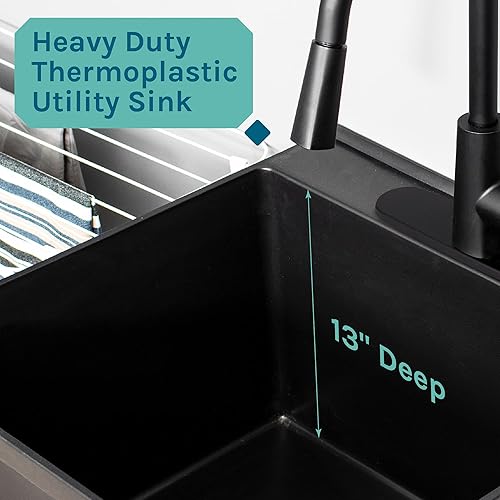 Miniatura 6 de Fregadero utilitario negro con grifo negro de arco alto de VETTA de JS Jackson Supplies, boquilla de rociador extraíble, fregadero de inclinación