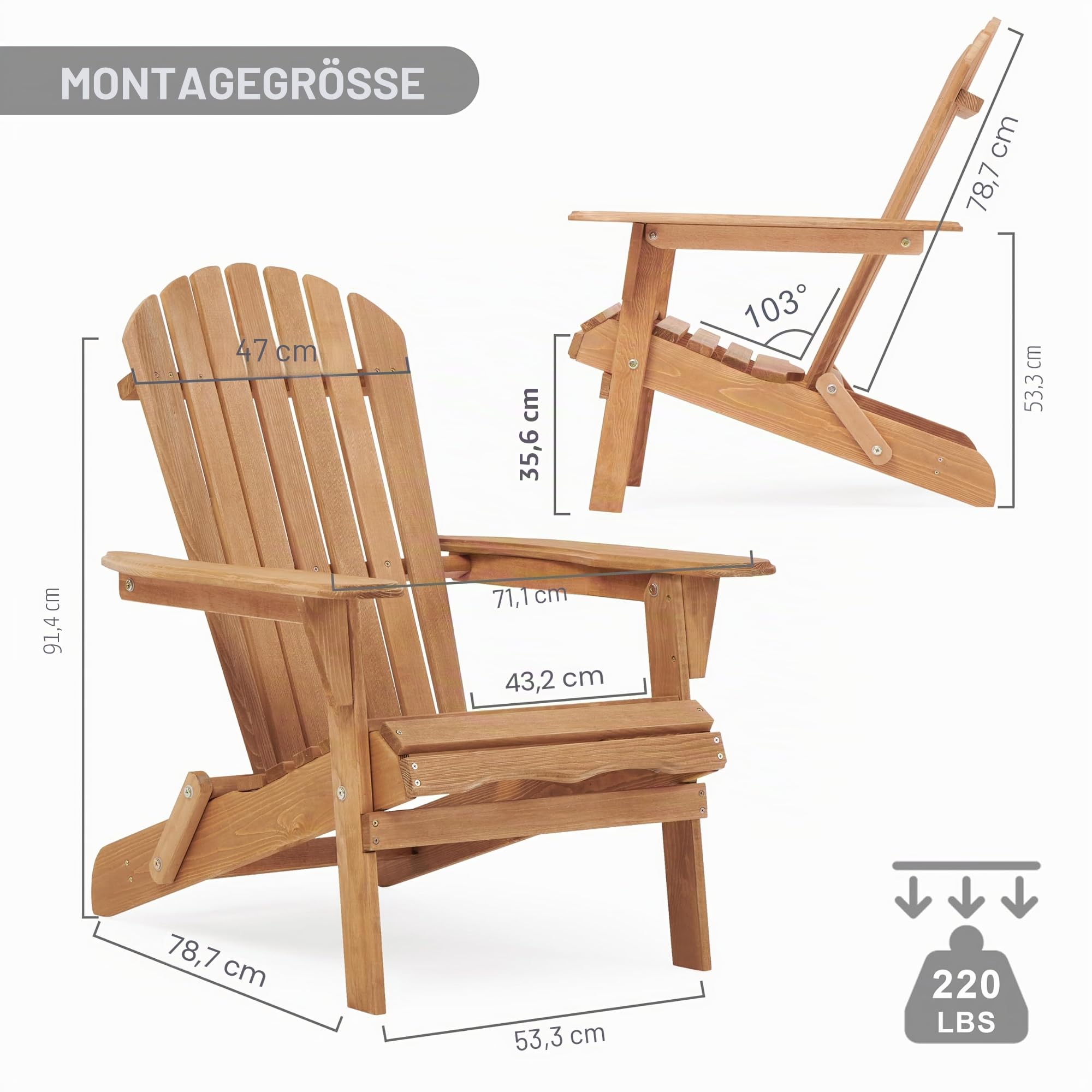 SoliWood Adirondack Stuhl aus Holz 2er-Set, Wetterfester Gartenstuhl mit Breiten Armlehnen, Ergonomischer Outdoor Relaxstuhl für Garten Terrasse Balkon Strand Veranda, Holz Adirondack Chair