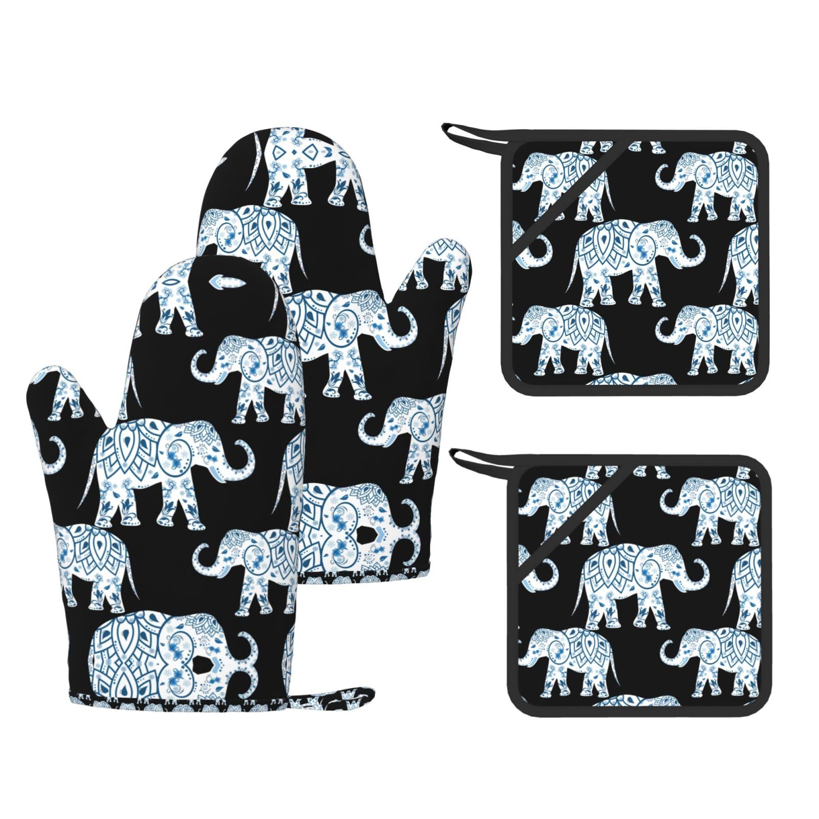 Elephant Printed Pot Holders and Oven Mitts 4-Piece, Non-Slip Kitchen Gloves with Utensil Pocket for BBQ