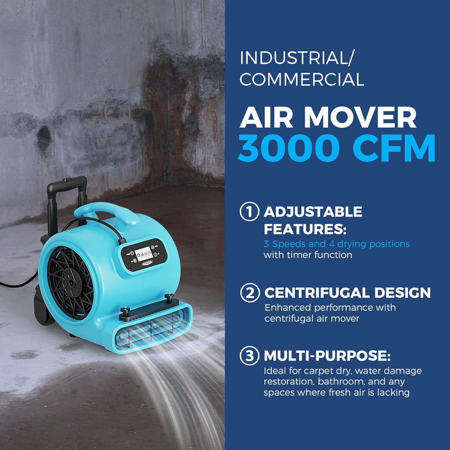 ALORAIR 1 x Air Mover and 1 x Air Scrubber Combo Package Deals for Industrial,Commercial, Water Damage Restoration, Blue