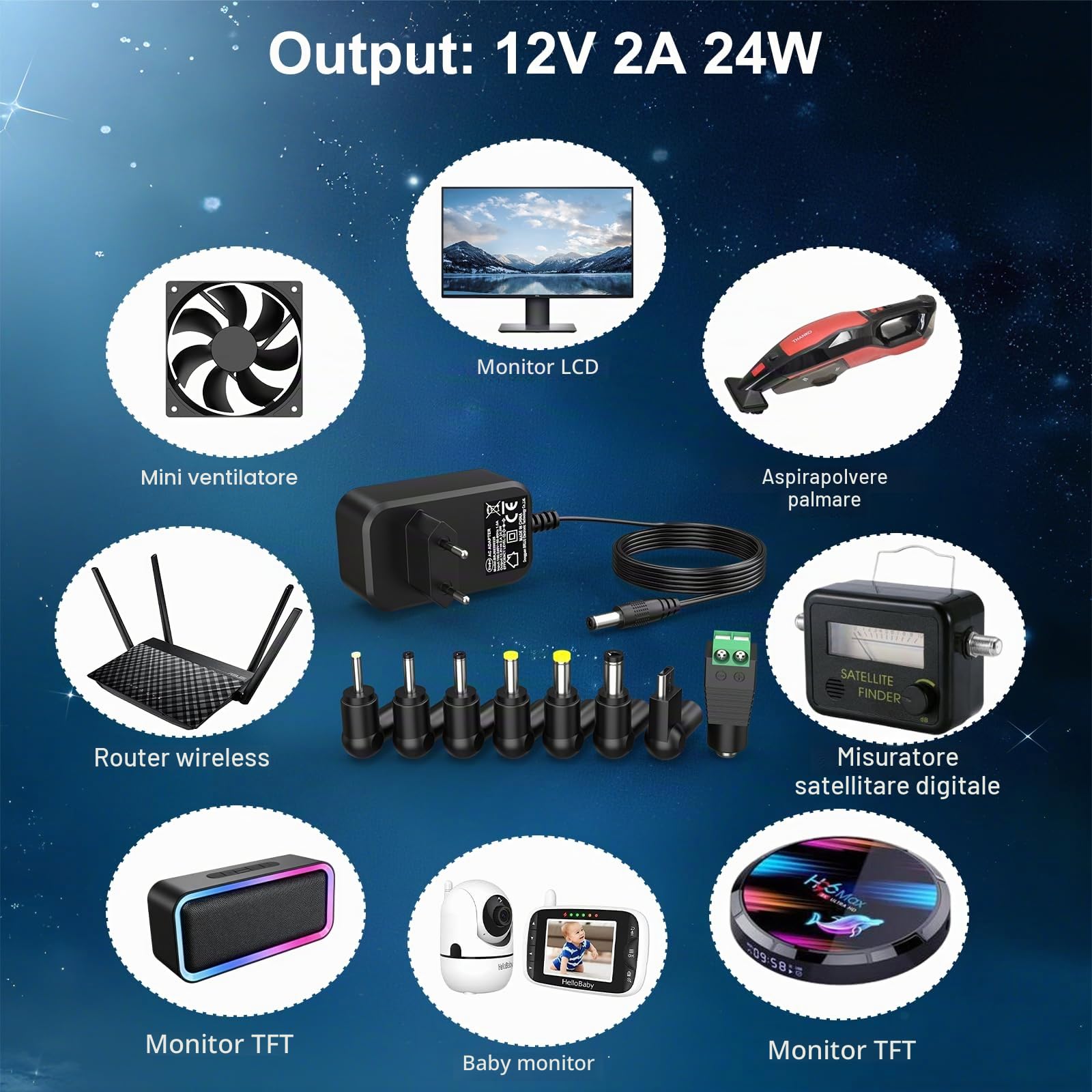 Shefor Alimentatore 12V 2A, Adattatore AC DC Universale Driver Alimentazione 5,5mm con 8 Adattatori Spina DC per Elettronica LED Striscia Luminosa Telecamera CCTV Router Monitor LCD e altro, 24W Max