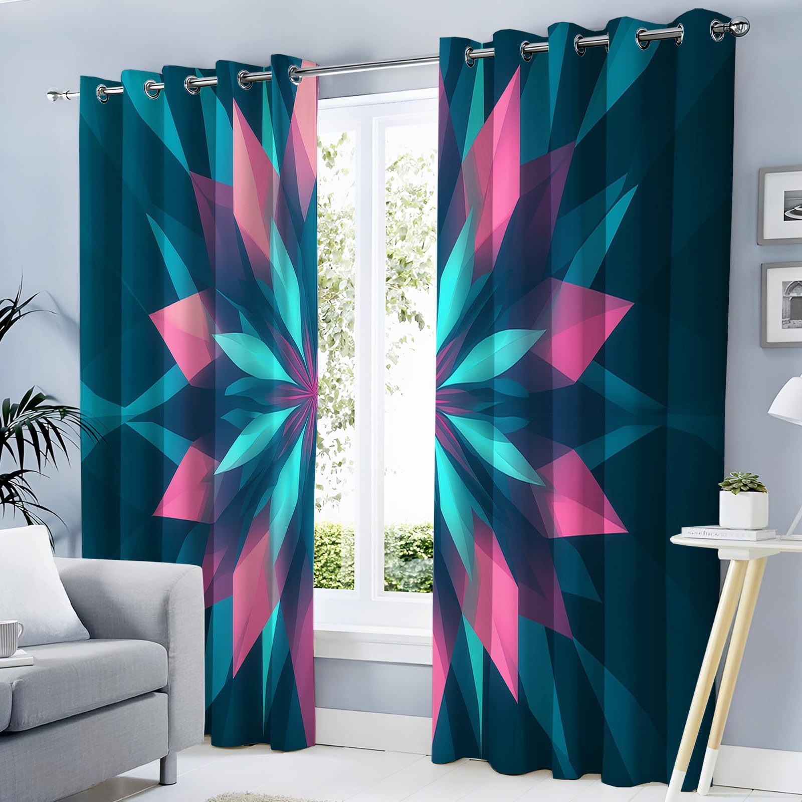Rideaux occultants motifs géométriques bleu pour ambiance moderne de chambre