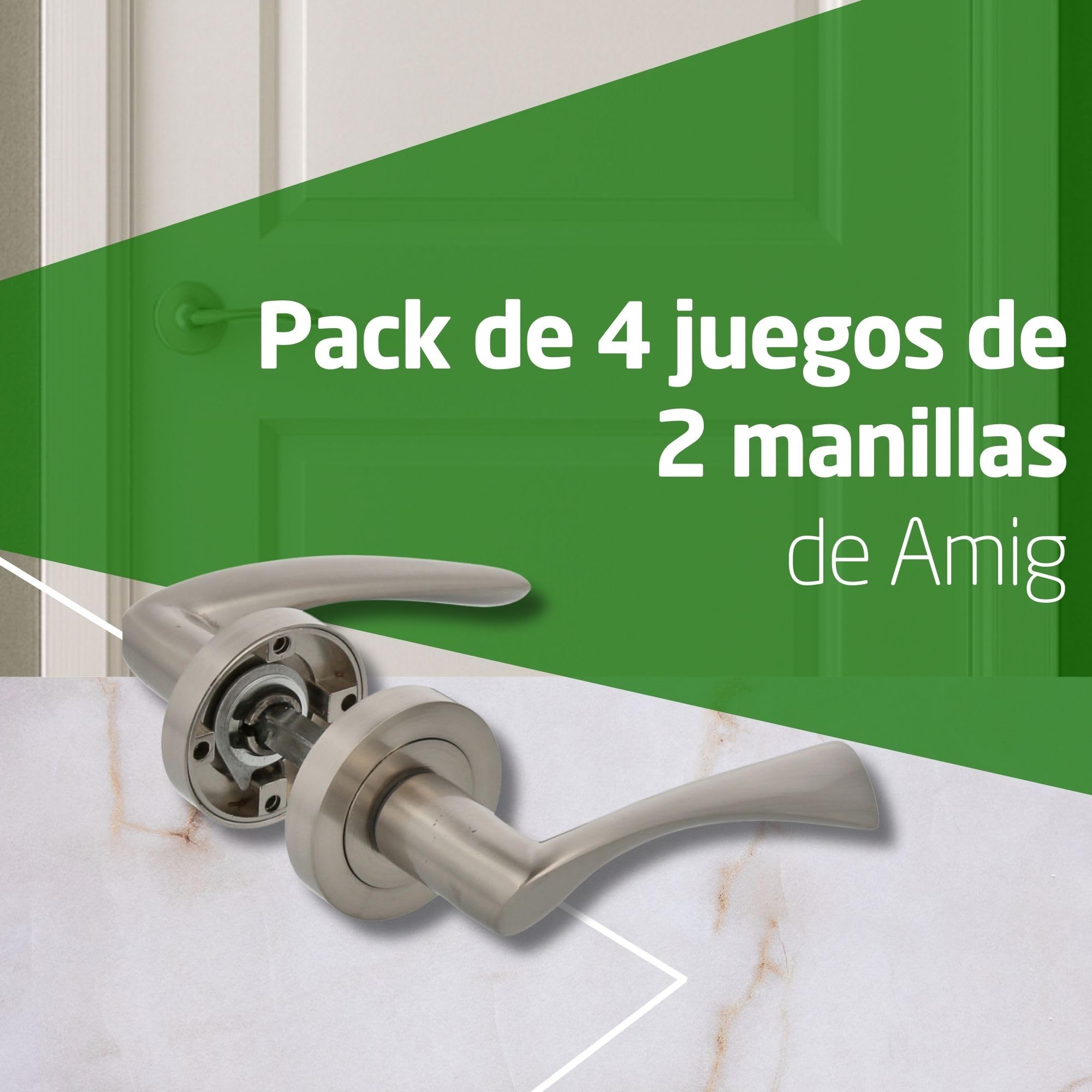 Amig - Pack de 4 Juegos de 2 Manillas Plateadas de Roseta Redonda - Con Tirador de Zamak con - Acabado Cromado Mate - Para Puertas de Paso de Interior - Diámetro Roseta Ø52 mm - Incluye Tornillos