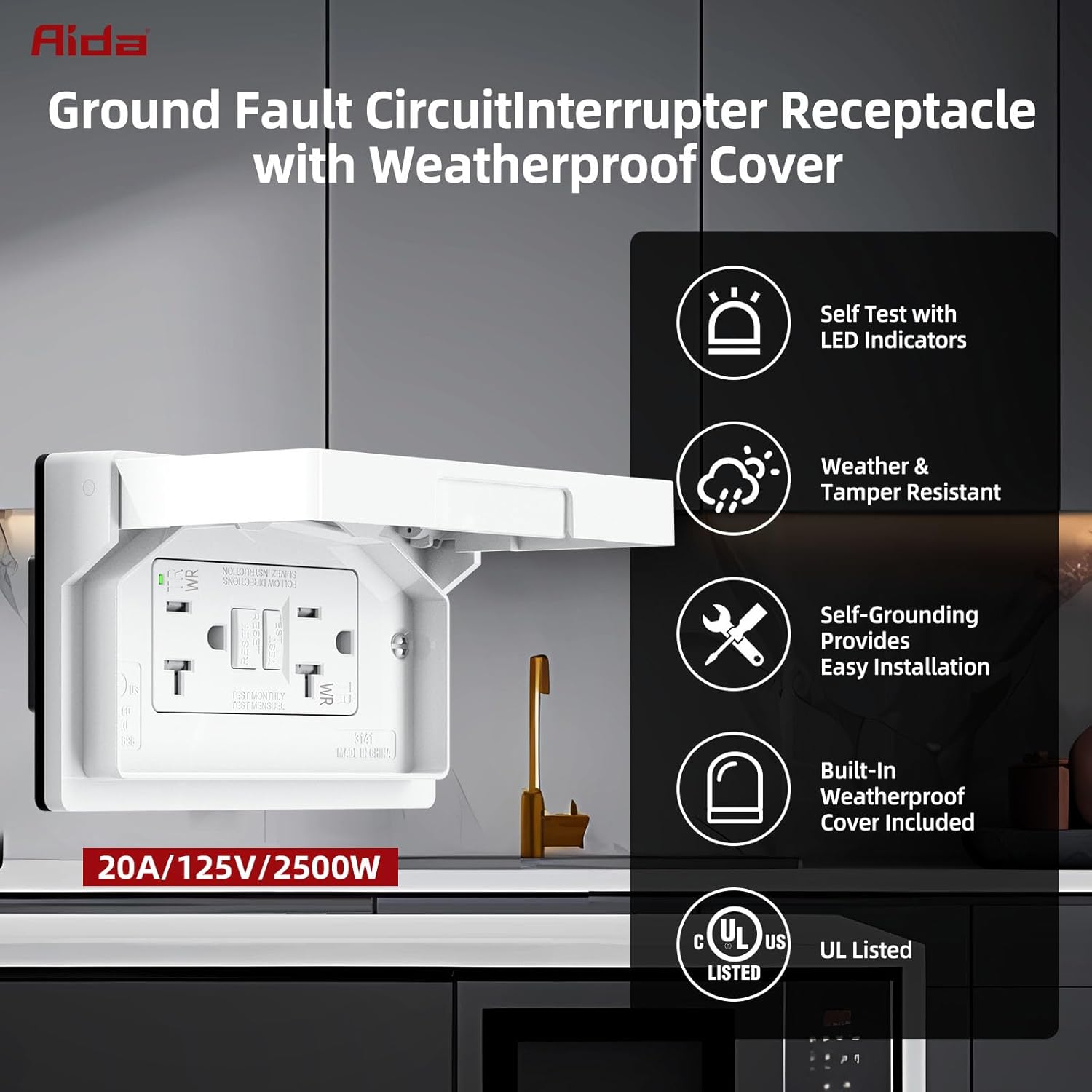 AIDA 20A GFCI Outlet with Weatherproof Cover, Tamper-Resistant & Weather Resistant Self-Test Electrical Outlet, 20A/125V for Bathroom, Kitchen, Outdoor, UL Listed, Matte White, 2 Pack