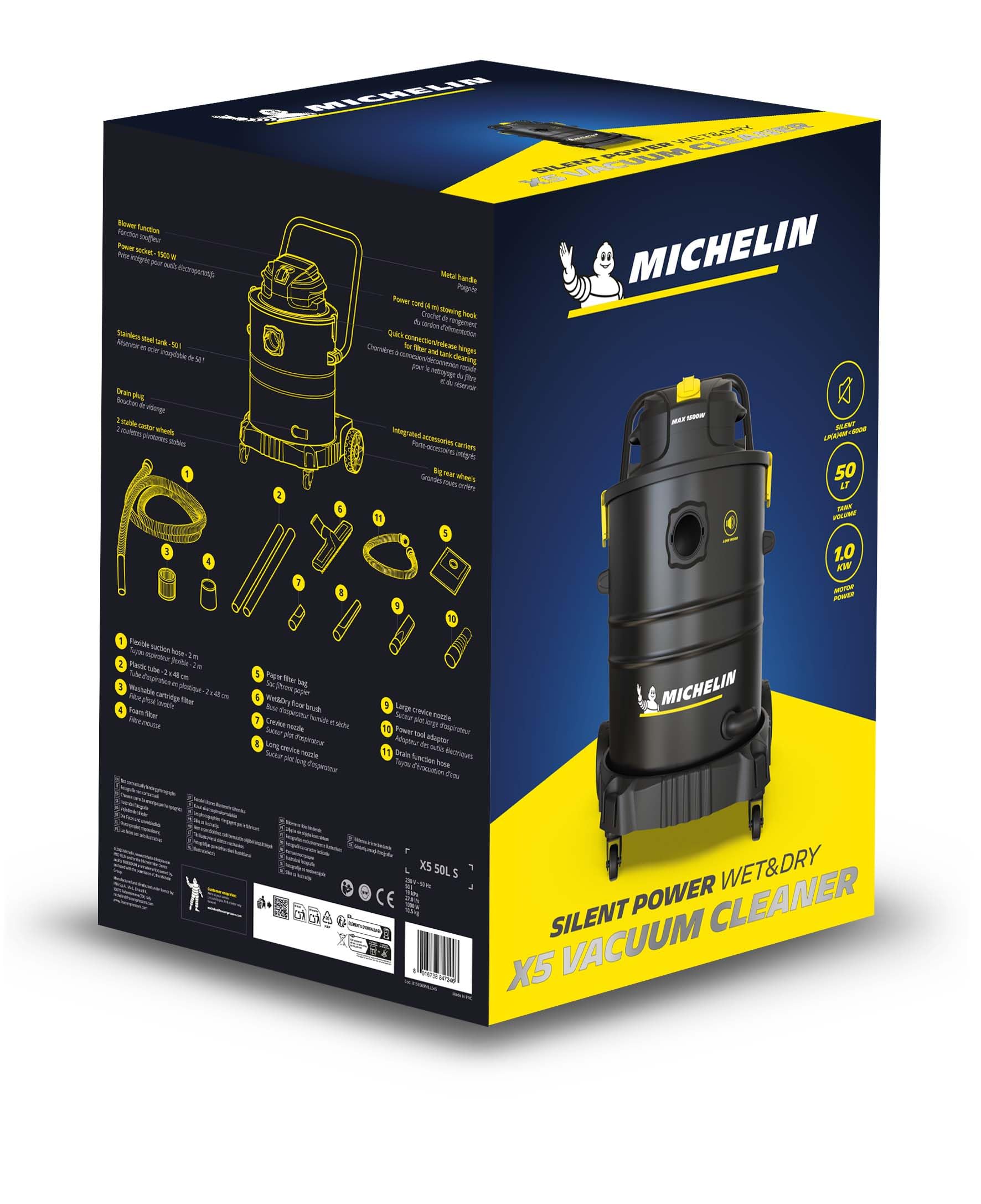 Michelin X5 50LS Aspirador Industrial 50L 1000W - Seco Húmedo - Depósito INOX - Silencioso 60dB - Toma Herramientas - Drenaje Rápido