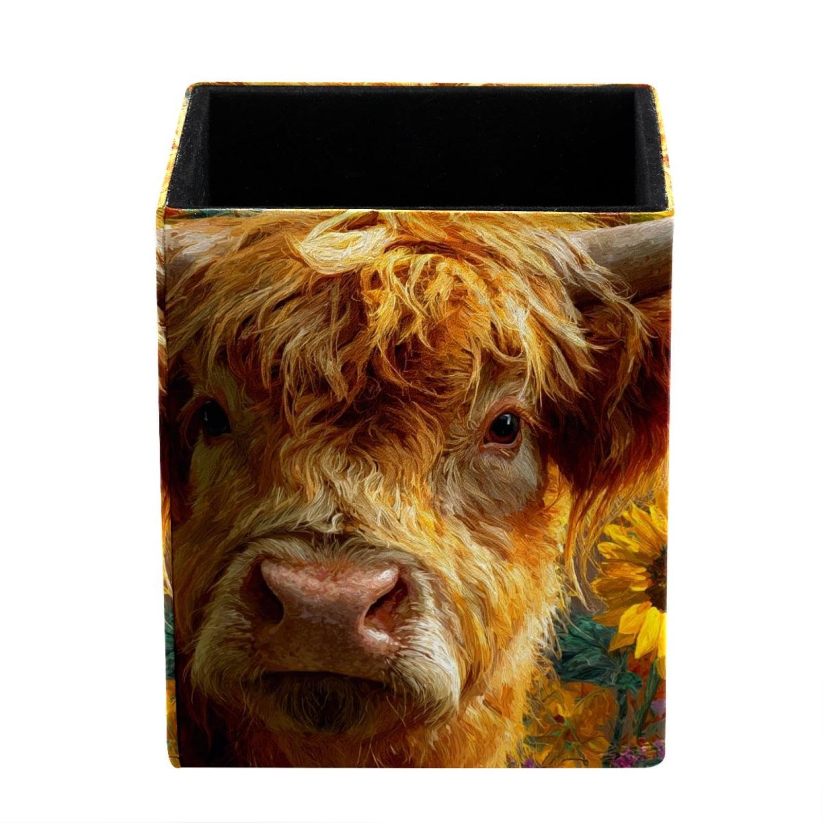 Watercolor Sunflower Yak Desktop Storage Box Pencil Holder(2 Compartments), Stationeries and Desk Supplies Organizer for Home, Office & School