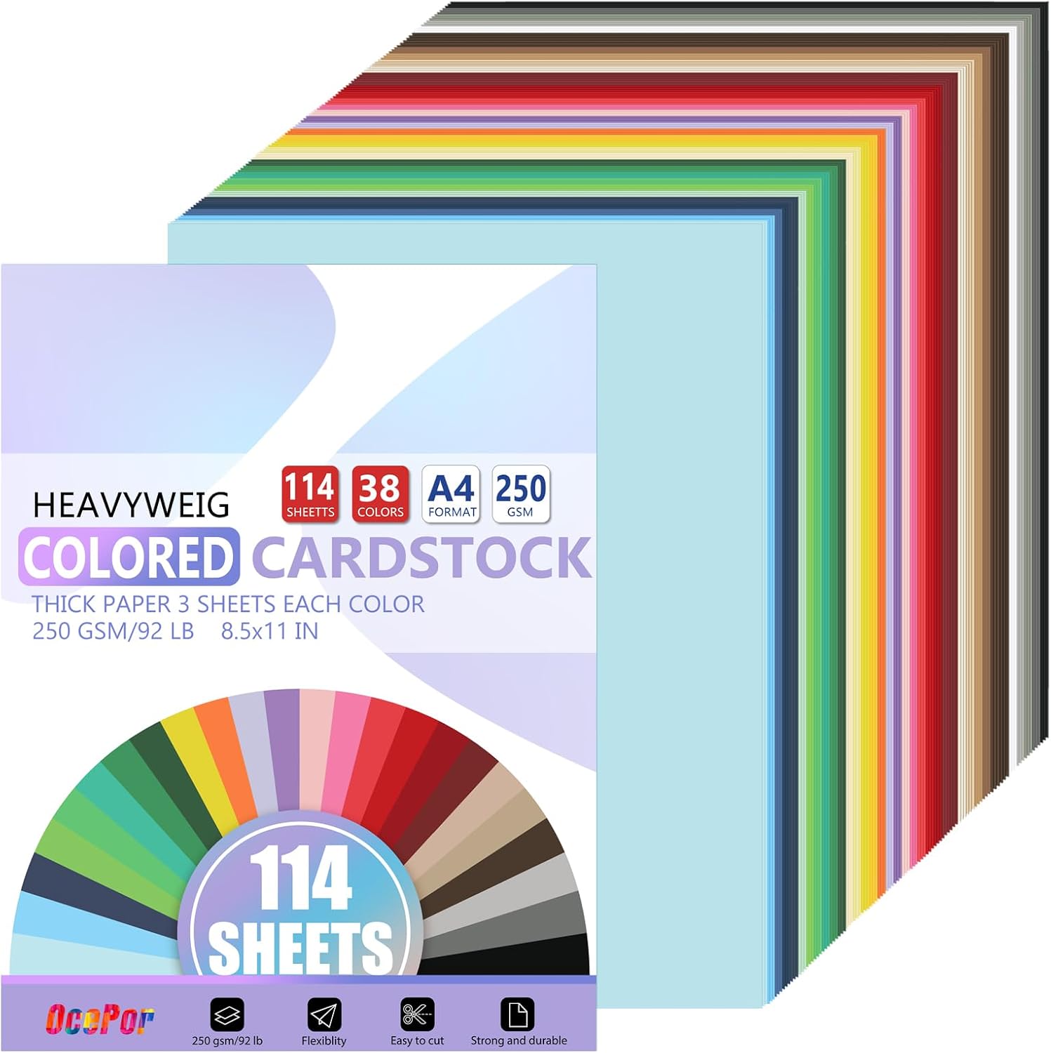 OcePor 114 Sheets Colored Cardstock 38 Colors, 8.5x11 Color Cardstock Bulk, 250gsm/92lb Assorted Colors Construction Paper for Printing, Card Making, Die Cutting, Crafts, Scrapbooking, Party 38 Colors 114 Sheets