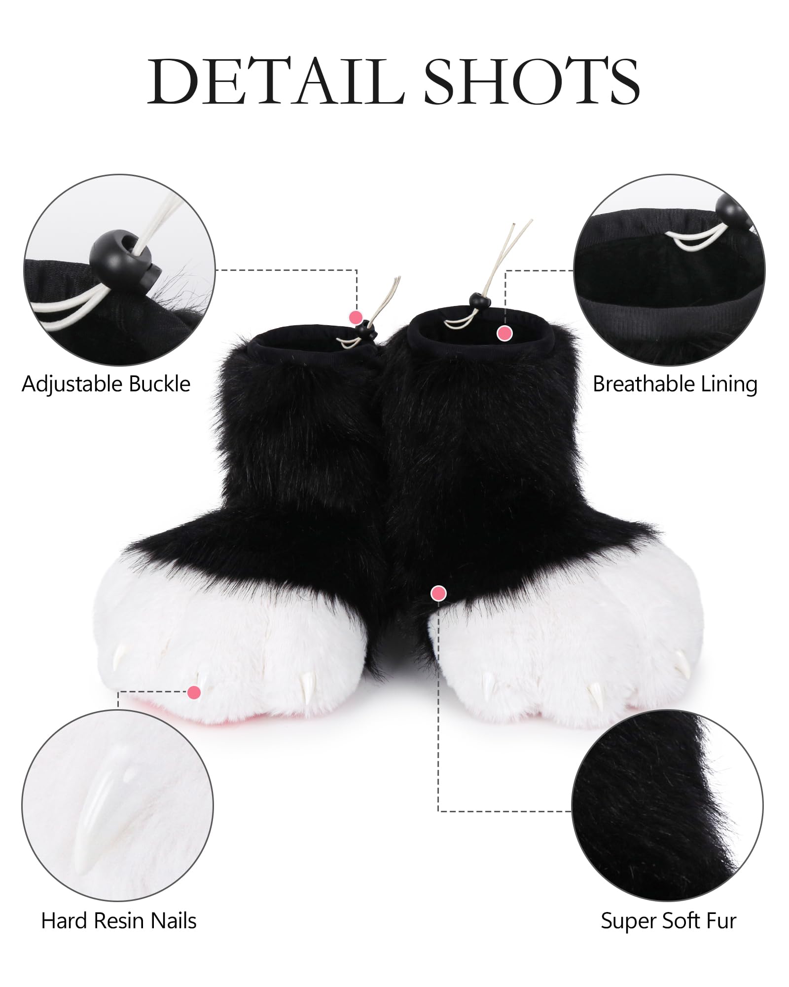 Set di accessori per costume da adulto, con artigli in plastica, per cosplay, animali, zampe, scarpe con zampa pelosa, pantofole e accessori per costume (nero-bianco)