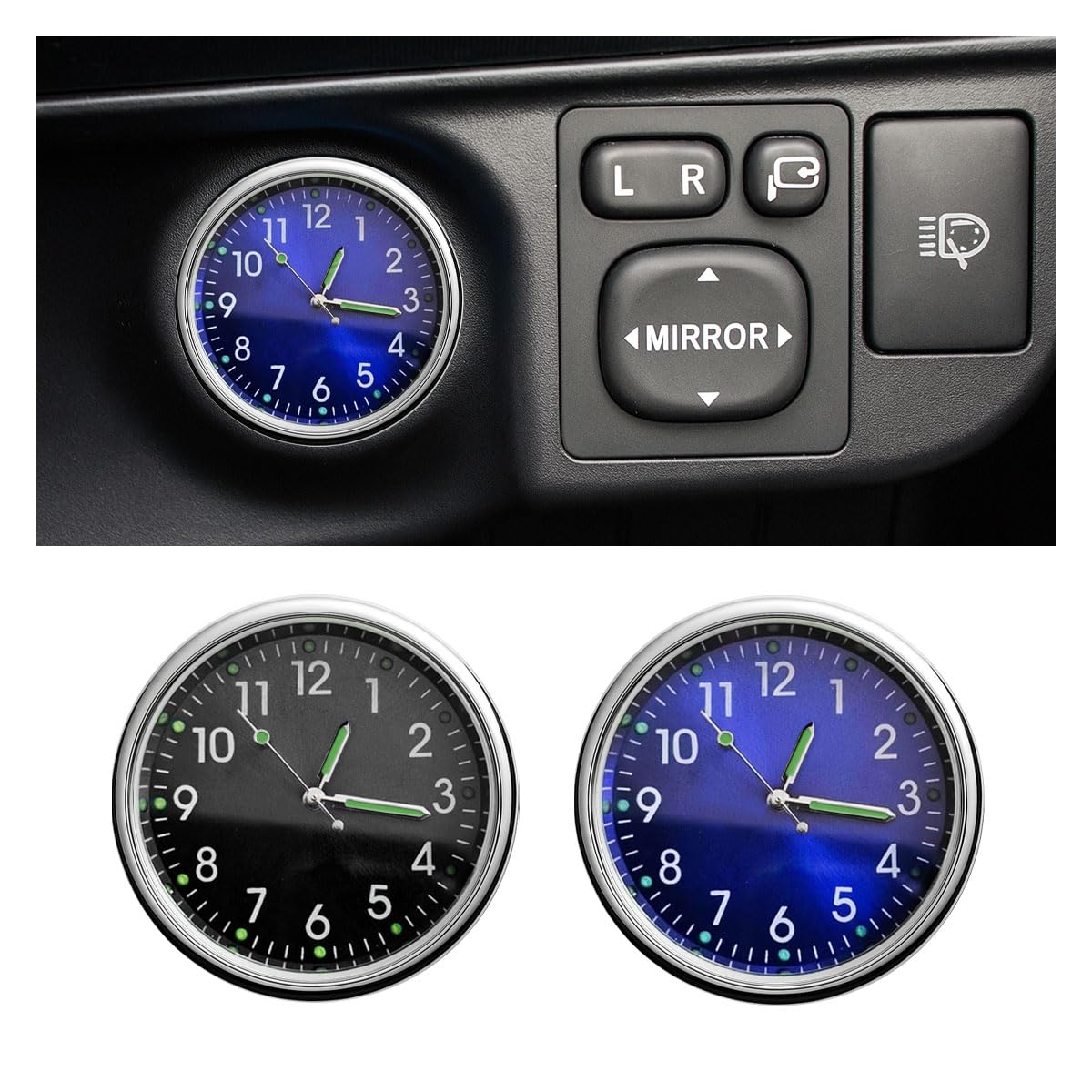 Mini-Auto-Uhr, leuchtende Uhr mit Klebstoff, Auto-Entlüftungs-Clip, Quarz-Uhren, Auto-Armaturenbrett-Uhren, Universal-Auto-Uhren-Zubehör für Zuhause, Boot, LKW, SUV, Auto (schwarz + blau), 2 Stück