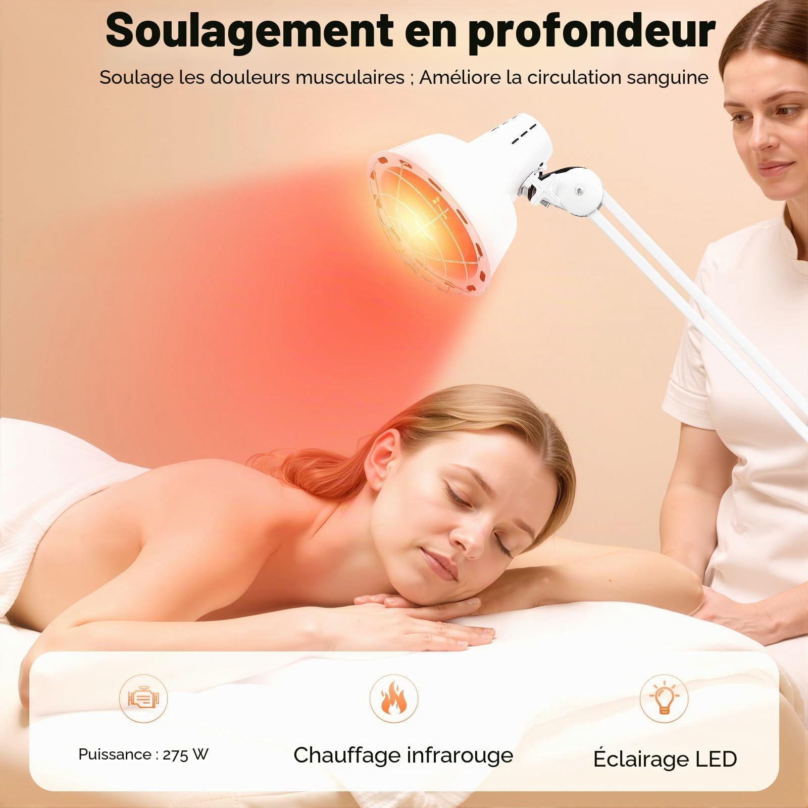 Lampe à Infrarouge 275W Lumière Rouge Lampe de Chaleur Thérapeutique avec Support, Rotatif à 360° & Réglable en Hauteur, 4 Roues, Lampe à Lumière Infrarouge pour la Détente des Muscles, Usage