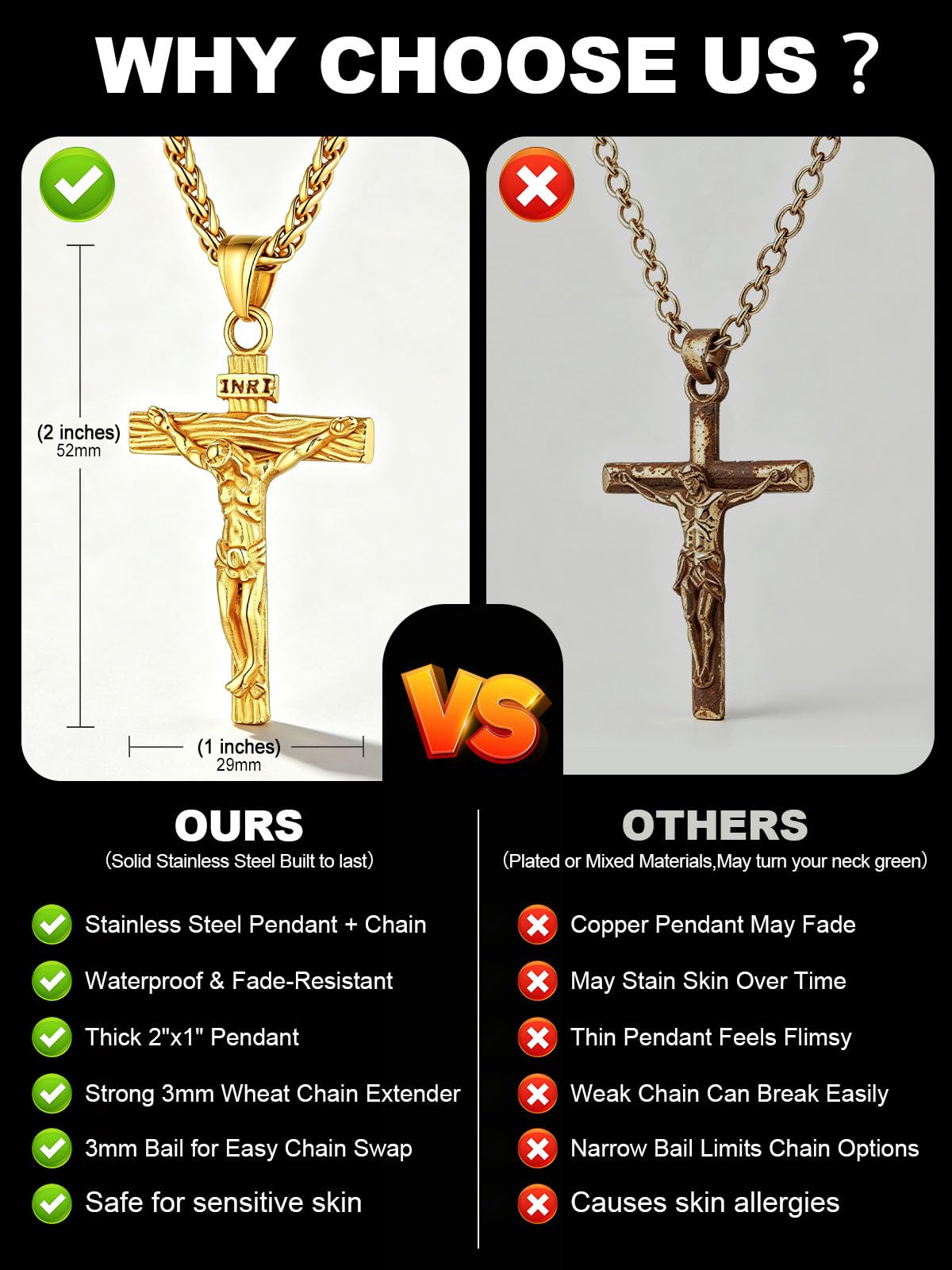 U7 Vintage INRI Jezus krzyż wisiorek naszyjnik bransoletka dla mężczyzn i kobiet, amulet chrześcijańska biżuteria, grawerowany tekst dostępny, regulowany łańcuszek, w zestawie pudełko prezentowe