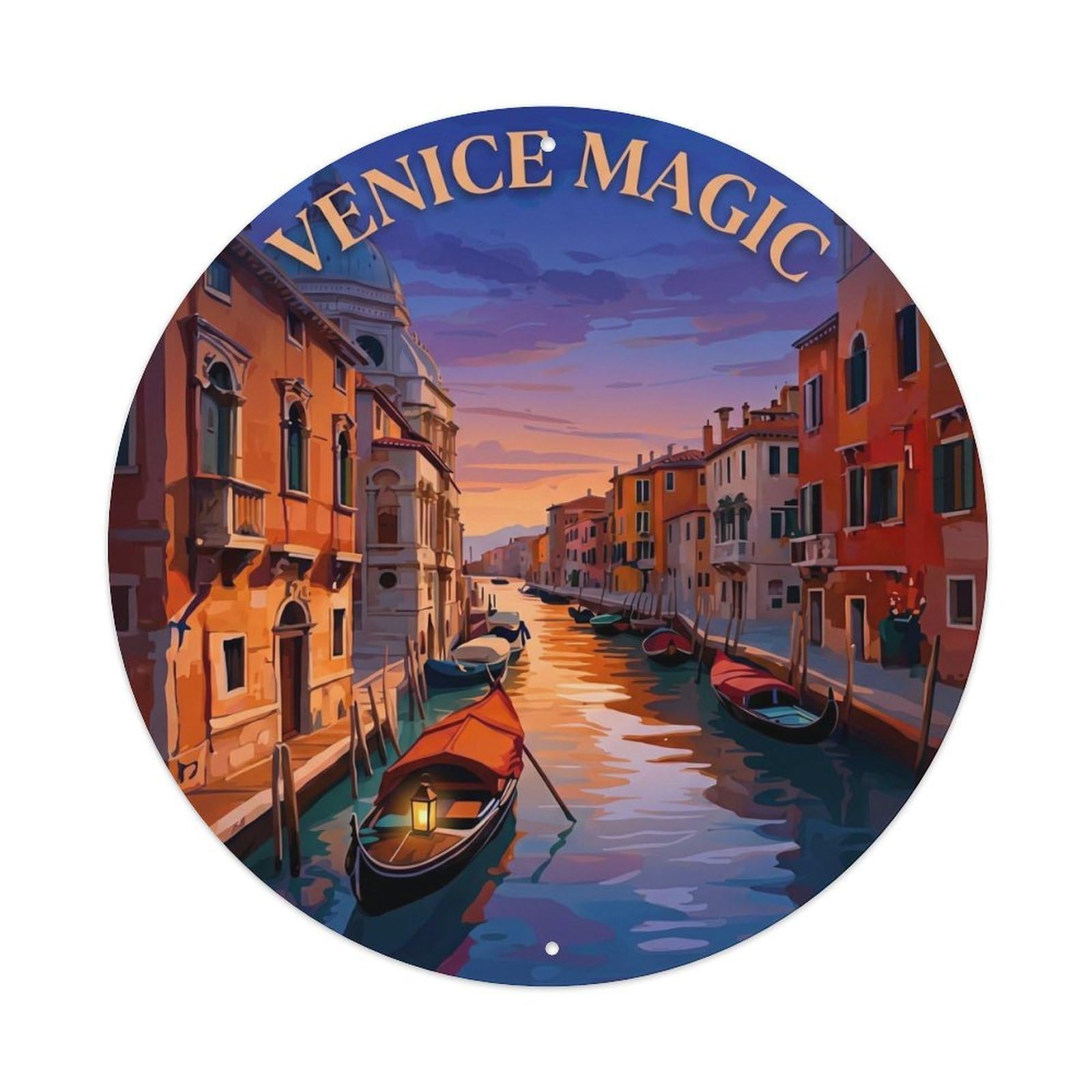 Retro Italian Venice Canal Waterway Gondola Scenic Discovery Metal Tin Sign Plaque Wall Decor for Cafe, Man Cave, Club Bar, Office, Home Garden Round Metal Poster 8x8Inch
