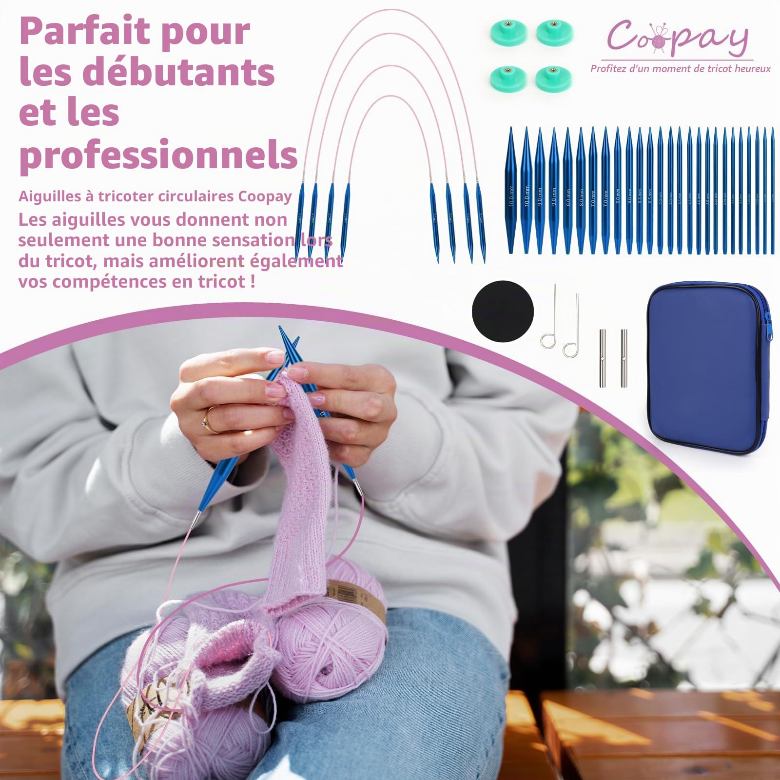 Coopay 13 Paires Aiguilles Circulaires Tricot Interchangeable de 3,0-10,0mm, Aiguille à Tricoter en Aluminium, Kit Tricot Debutant, Aiguille Circulaire Tricot pour Layette, Pull, Écharpe - Bleu
