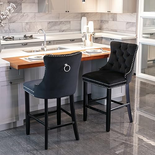 Miniatura 4 de Juego de 2 taburetes de bar con altura de mostrador, taburetes de bar con respaldo y patas de madera maciza resistentes, sillas de bar tapizadas de