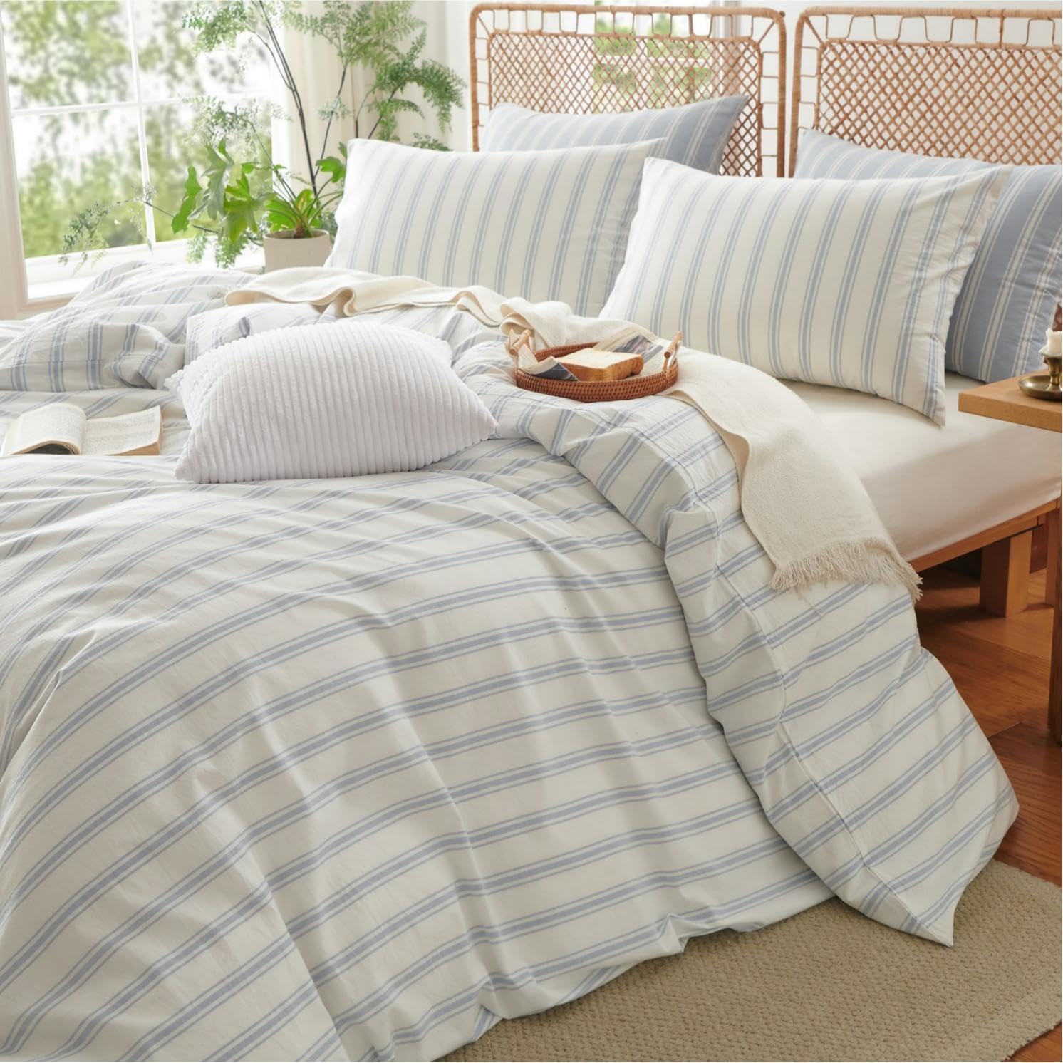 Lanqinglv Bettwäsche 155x220 Baumwolle Gestreift Weiß Blau