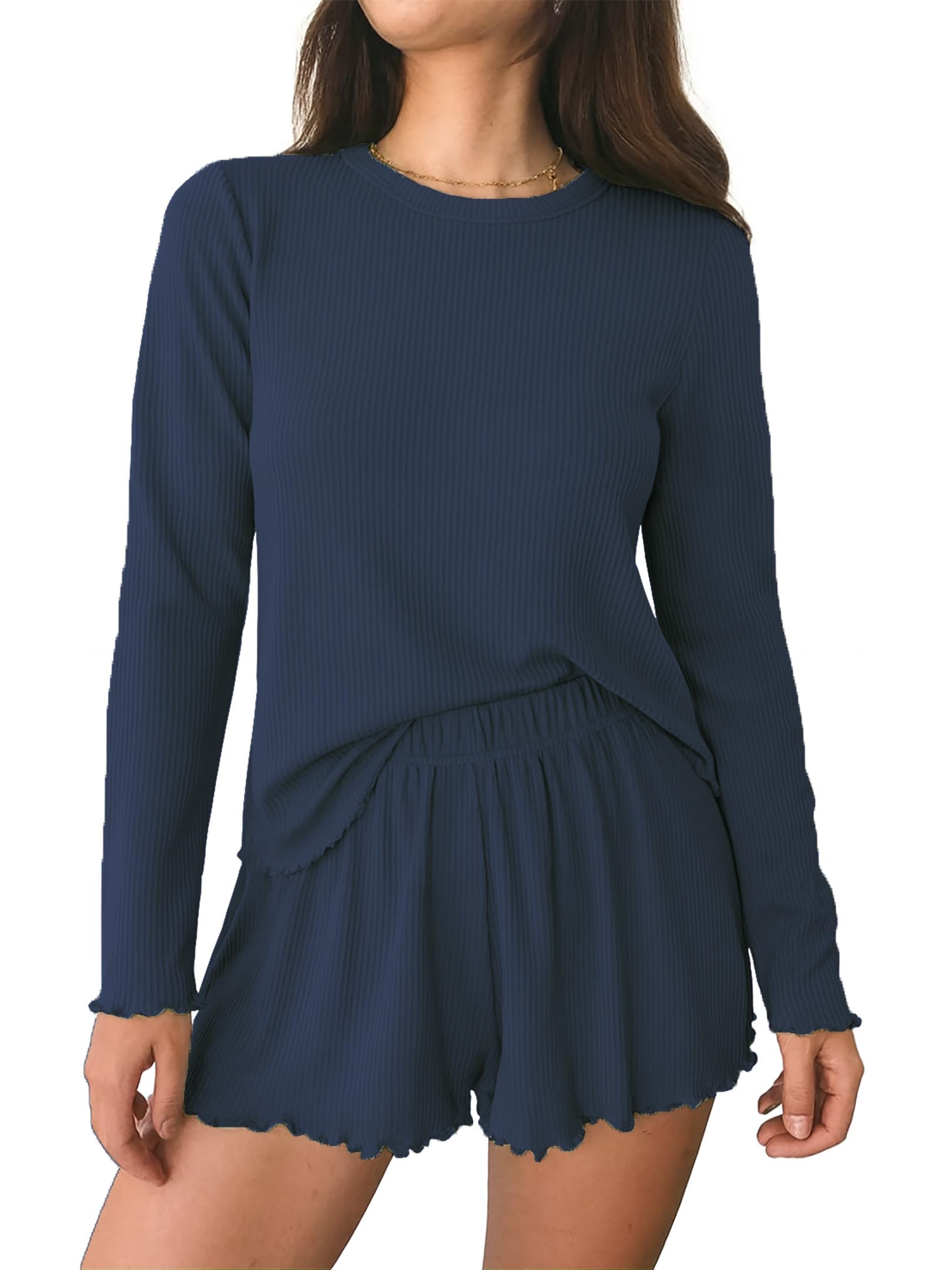Ekouaer Schlafanzug Damen Gestrickt Pyjama Set Nachtwäsche Hausanzug Langarm Oberteil und Shorts S-XXL
