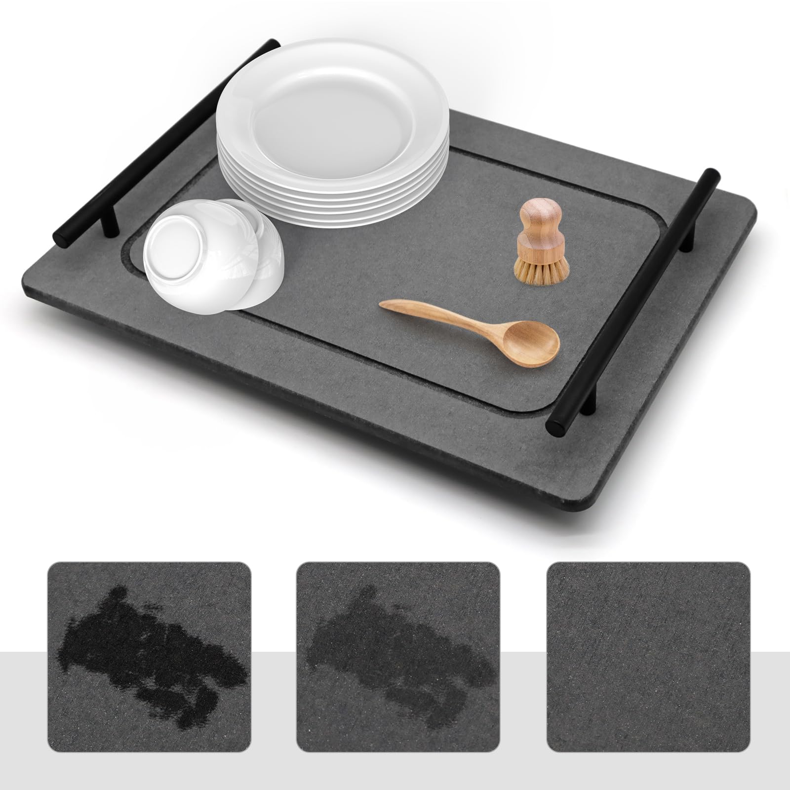 Water Absorbing Stone Dish Drying Mats for Kitchen Counter, Quick Dry Diatomaceous Earth Sink Tray Mat for Dish Bottles Cups, Bathrooms Multi-Room Use