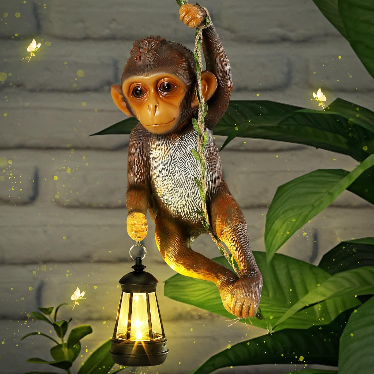 Solar Light Outdoor Monkey Statues Black 13.78 Inch Resin Chimpanzee Baby Monkey Climbing on Vine with LED Lantern Waterproof Hanging Figurine with Hook for Yard Garden Wall