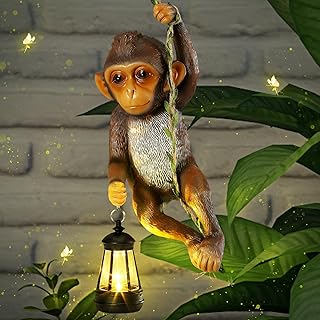 Solar Light Outdoor Monkey Statues Brown 13.78 Inch Resin Chimpanzee Baby Monkey Climbing on Vine with LED Lantern Waterproof Hanging Figurine with Hook for Yard Garden Wall