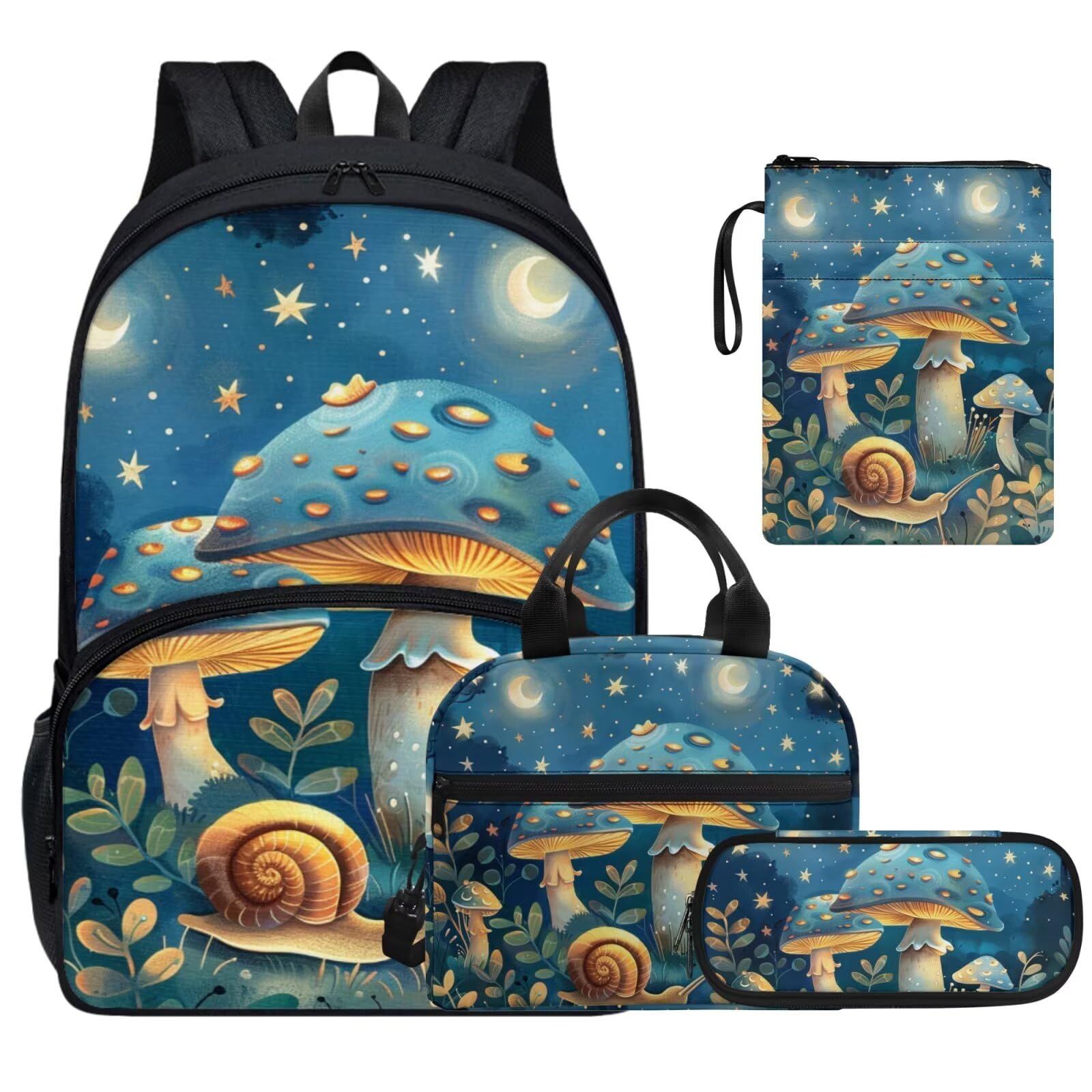 XXQGOMG Snail Mushroom School Backpack for Boys with Lunch Box Pencil Case and Book Sleeve Blue Book Bags for Boys 6-8 Travel Backpack Purse