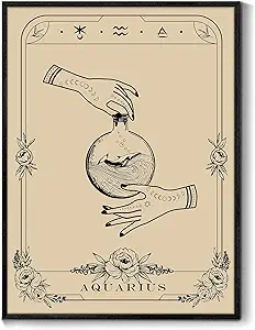 SERIMINO Witchy Framed Wall Art, Aquarius Tarot Canvas Prints Paintings, Horoscope Dark Academia Home Decor Aesthetic, 12X16inch Gothic Wall Decor for Room