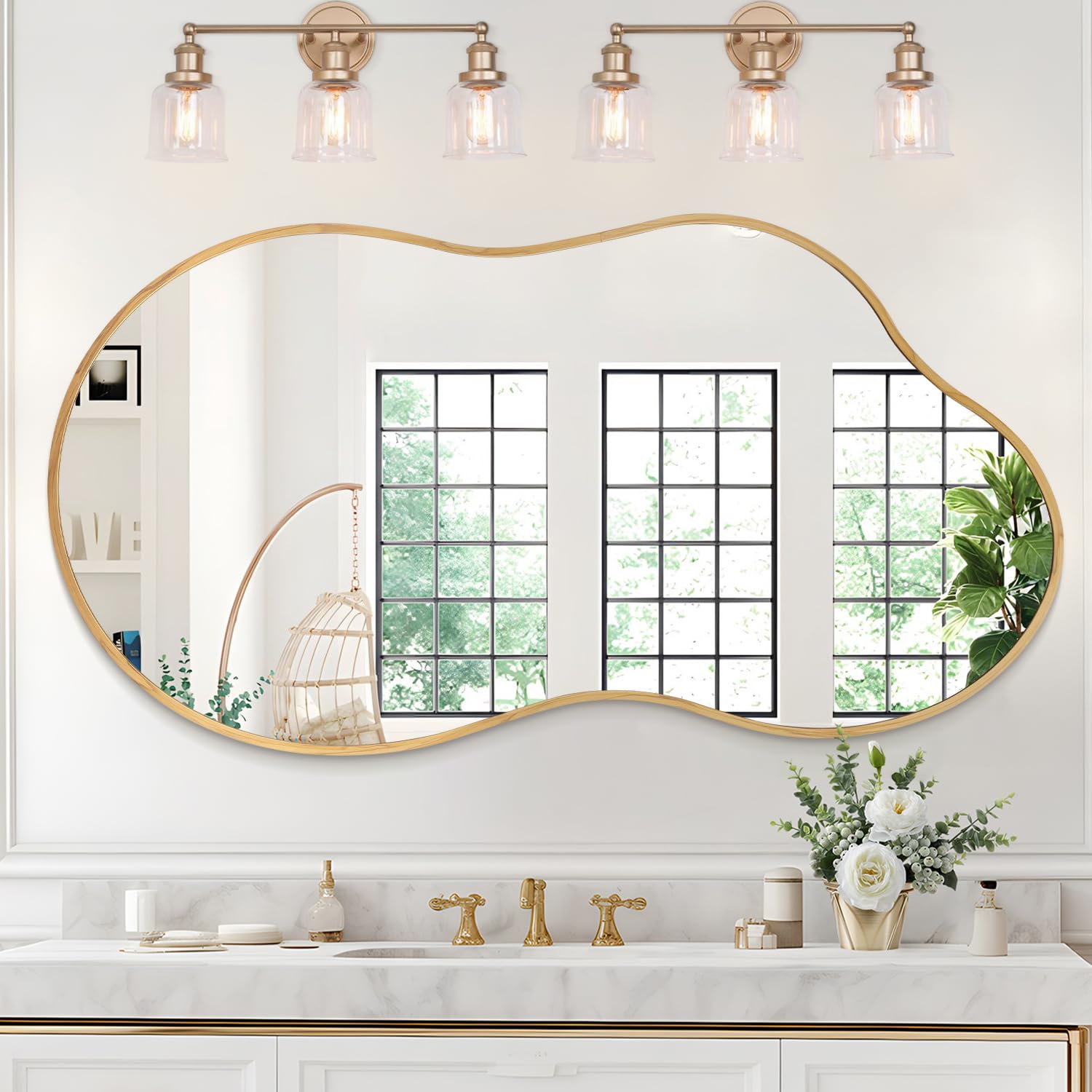 Jjuuyou Wood Wall Mirror Large Asymmetric With Metal Frame 50 X 90Cm Irregular Bathroom Mirror Decorative For Living Room Bathroom Bedroom Entryway Wall Decor,