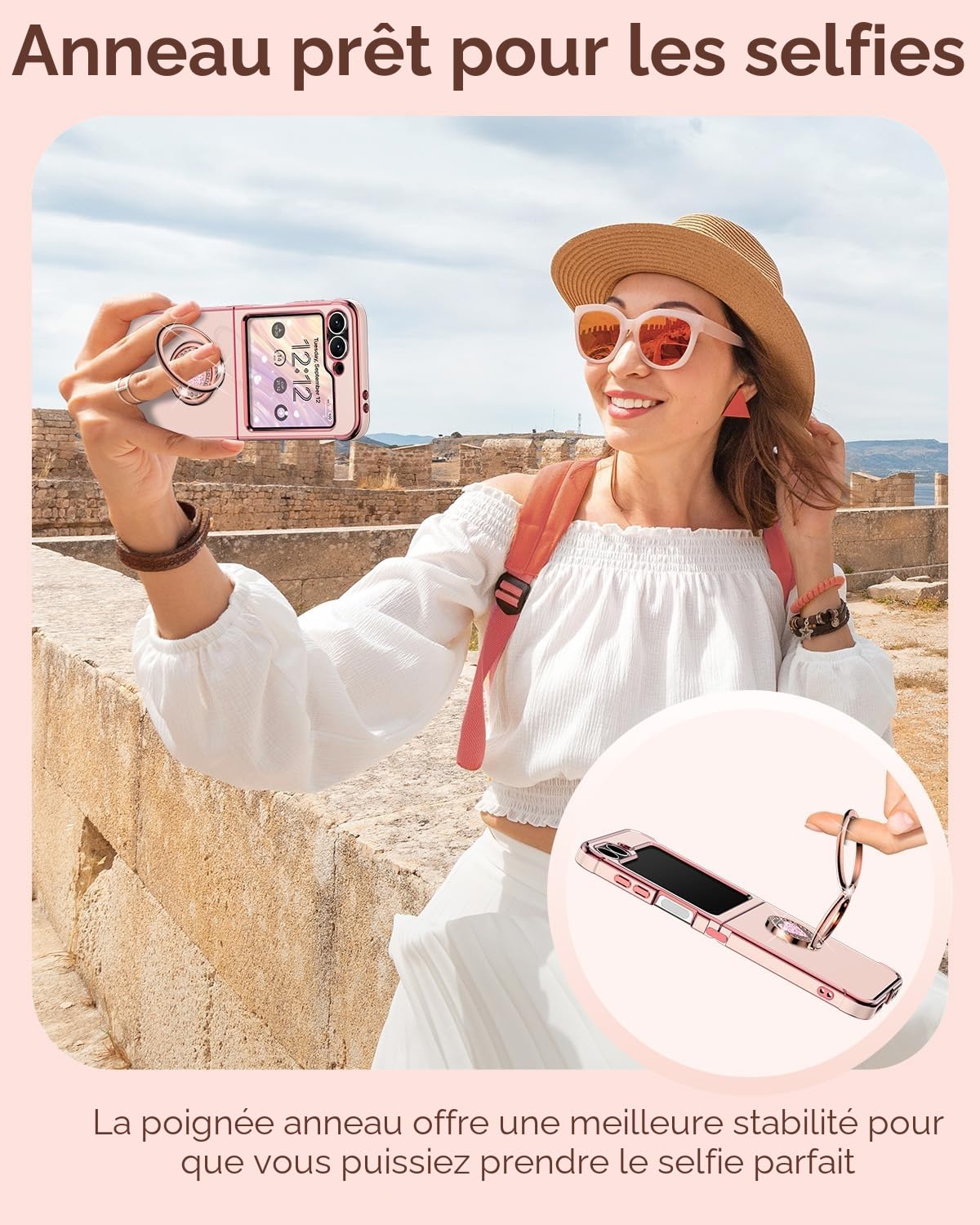 XYZ Coque pour Samsung Galaxy Z Flip 5 / Flip 6, avec Double Anneau de Support Cœur, avec Lanière pour Filles et Femmes, Coque de Protection Luxe Mignonne et Scintillante, Rose