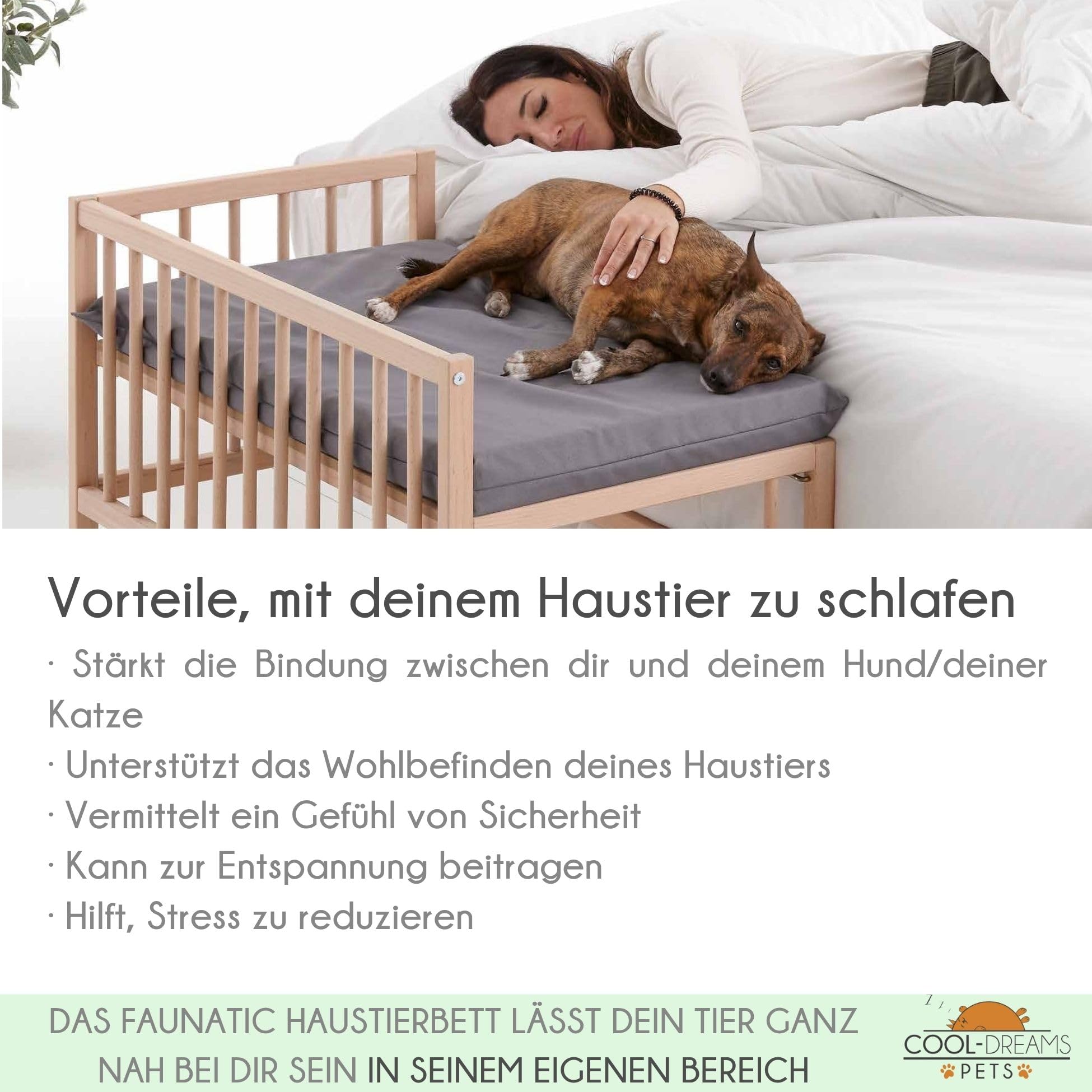 Bett für Hunde, Katzen, Haustiere, erhöhtes Bett aus Holz mit Einstiegsstufe, mit wasserdichter Schaumstoffmatratze + Bezug, Colecho mit Ihrem Tier, 2 Höhen, Faunatic CoolDreams