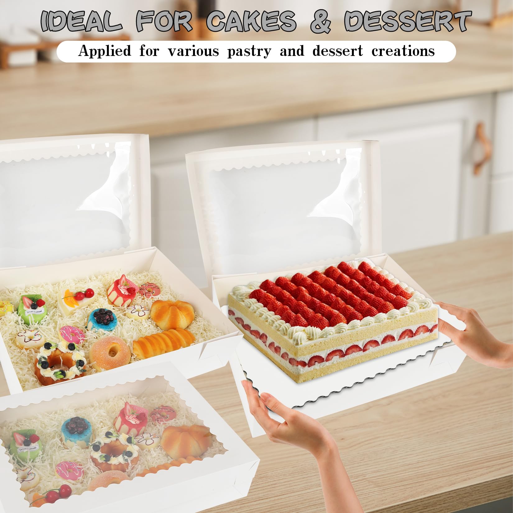 10 juegos de cajas rectangulares para tartas de 19 x 14 x 4 pulgadas con tablas, cajas de panadería grandes blancas con ventana para pasteles, donas, cupcakes, paquete de pastel