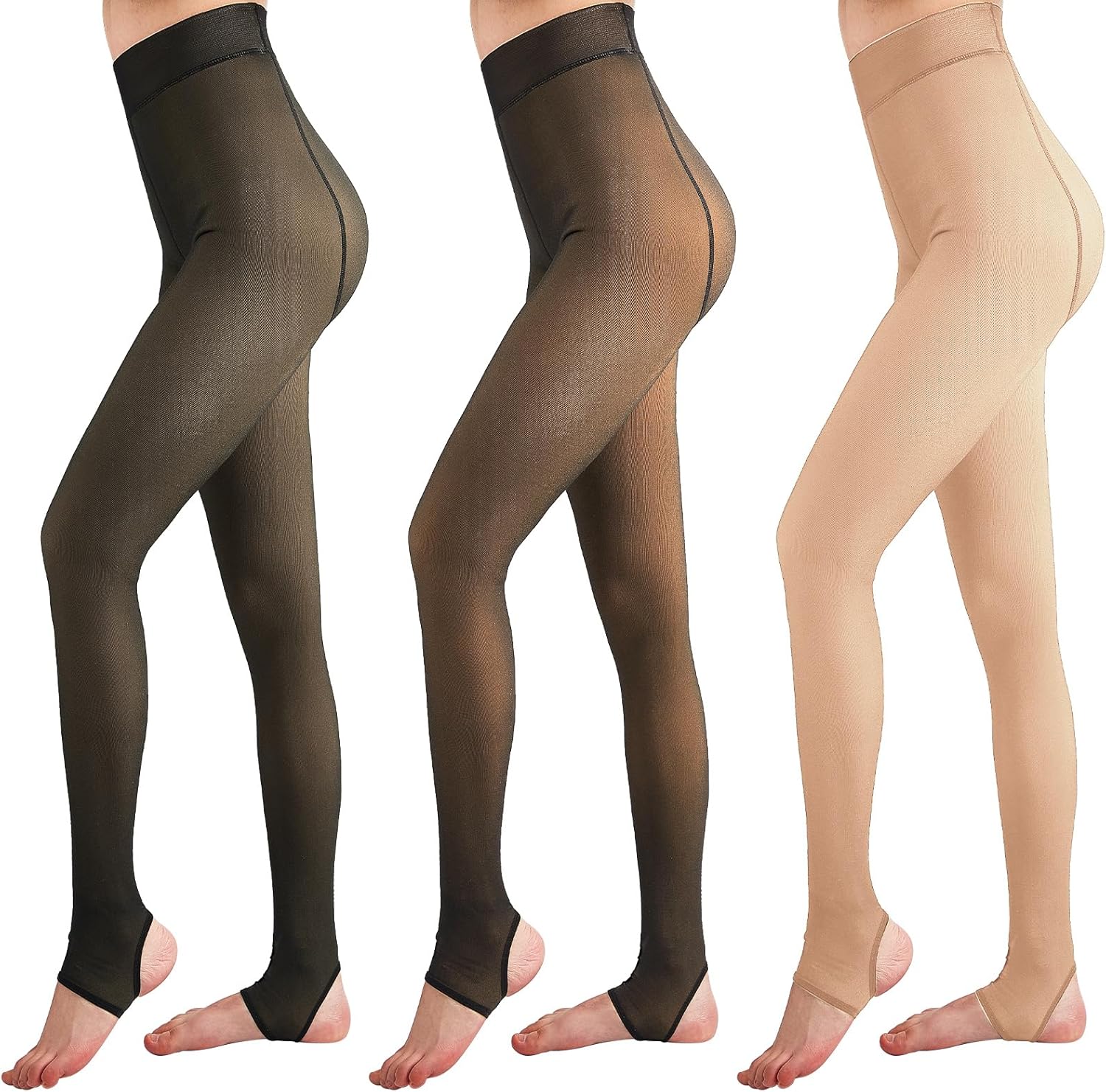Eurzom 3 Pairs Fleece Lined Stirrup Tights Women Fake Translucent Thermal Elastic Skin Colored Tights Warm Pantyhose