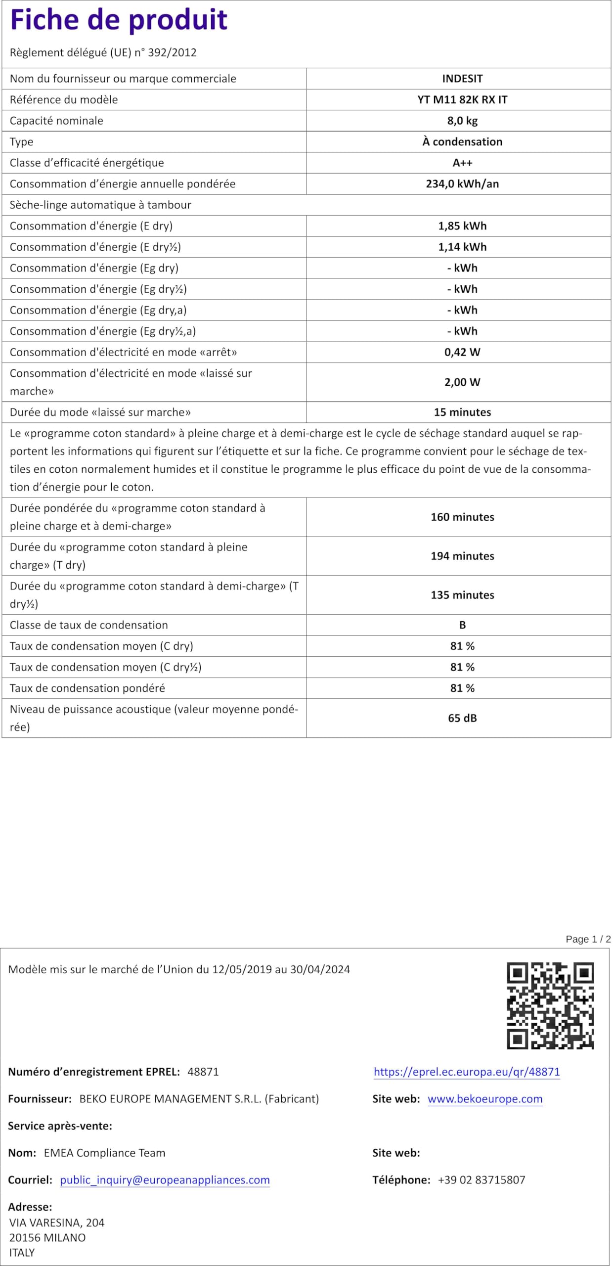 Indesit Asciugatrice Yt M11 82K Rx It Libera Installazione Caricamento Frontale Bianco 8 Kg A++, ‎‎59.5 x 64.9 x 84.9 cm; 44 Kg
