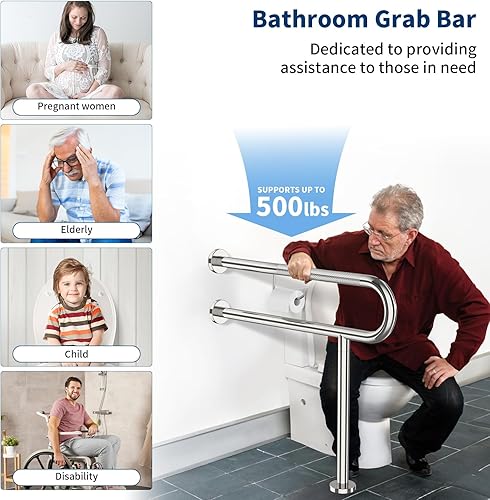 Miniatura 6 de ZUEXT - Barra de apoyo para inodoro con patas de 31.5 x 28 pulgadas, barra de soporte de inodoro moleteada cromada con soporte para papel higiénico,