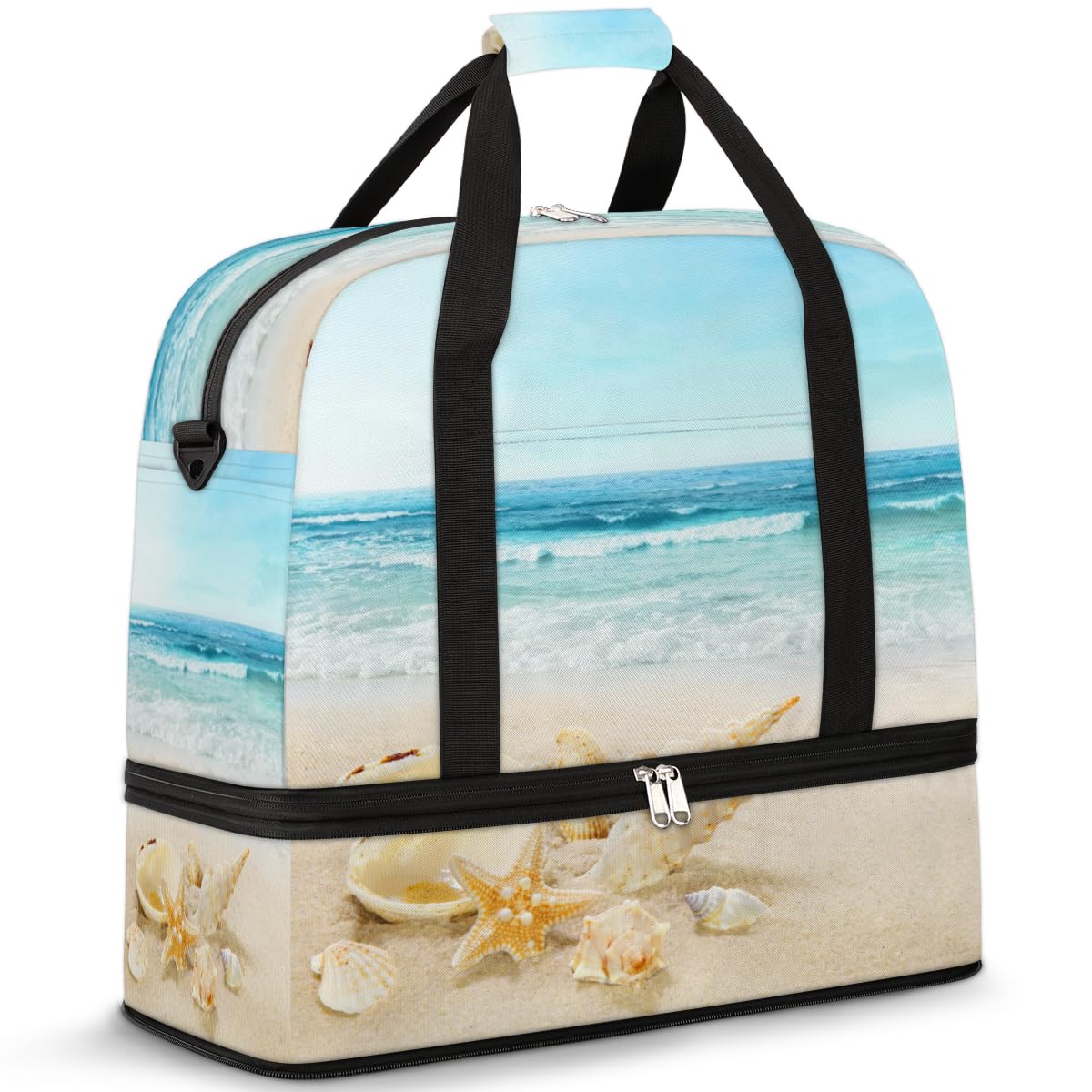 Shells Beach Sea - Bolsa de viaje plegable para playa, 47 L, bolsa de fin de semana con funda de carrito, bolsa de hombro separada para deportes, gimnasio, viajes, multicolor, 47L, Bolsa de viaje