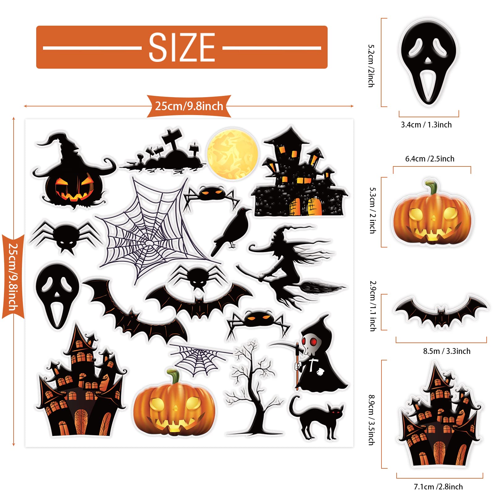 Halloween Thick Gel Decals for Glass & Mirror - Scary Window Clings - Spooky Spider, Bat, Witch & Pumpkin - Reusable