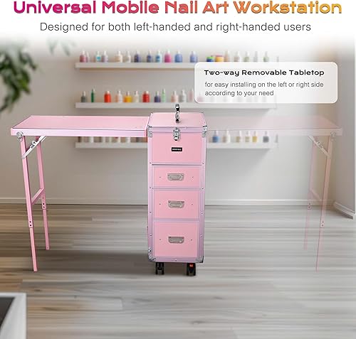 Vista 72 de BYOOTIQUE Estación de escritorio de mesa de manicura portátil para organizador de tecnología de uñas, estuche de maquillaje rodante con ruedas, 4