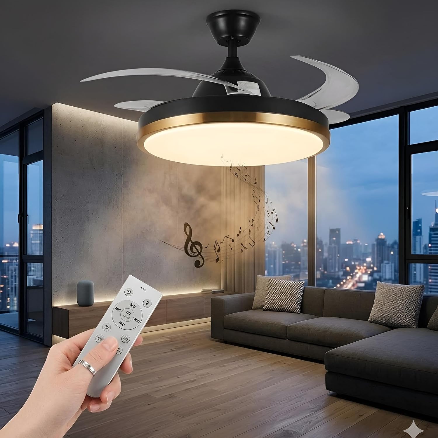 Retractable Ceiling Fan with Lights, 42" Fandelier, Black and Gold Bluetooth Ceiling Fan, Invisible Blades, Dimmable Chandelier Ceiling Fan with Remote Control