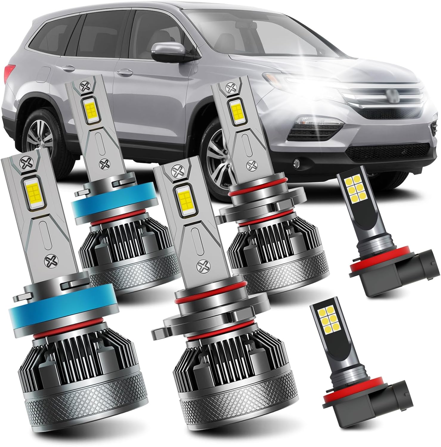 AWALITED Fits for 2006-2018 Honda Pilot High Low Beam Fog Lights Bulbs Combo, 6000K White Plug-and-Play Super Bright Light Bulbs, Pack of 6