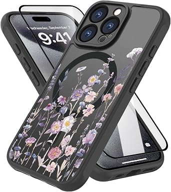 CASEOWL Compatible for iPhone 16 Pro Case Magnetic [Compatible with MagSafe] Cute Floral Pattern Translucent Matte Shockproof Phone Case for Women Girly Slim Soft Edge 16 Pro Case, Flowerets/Black