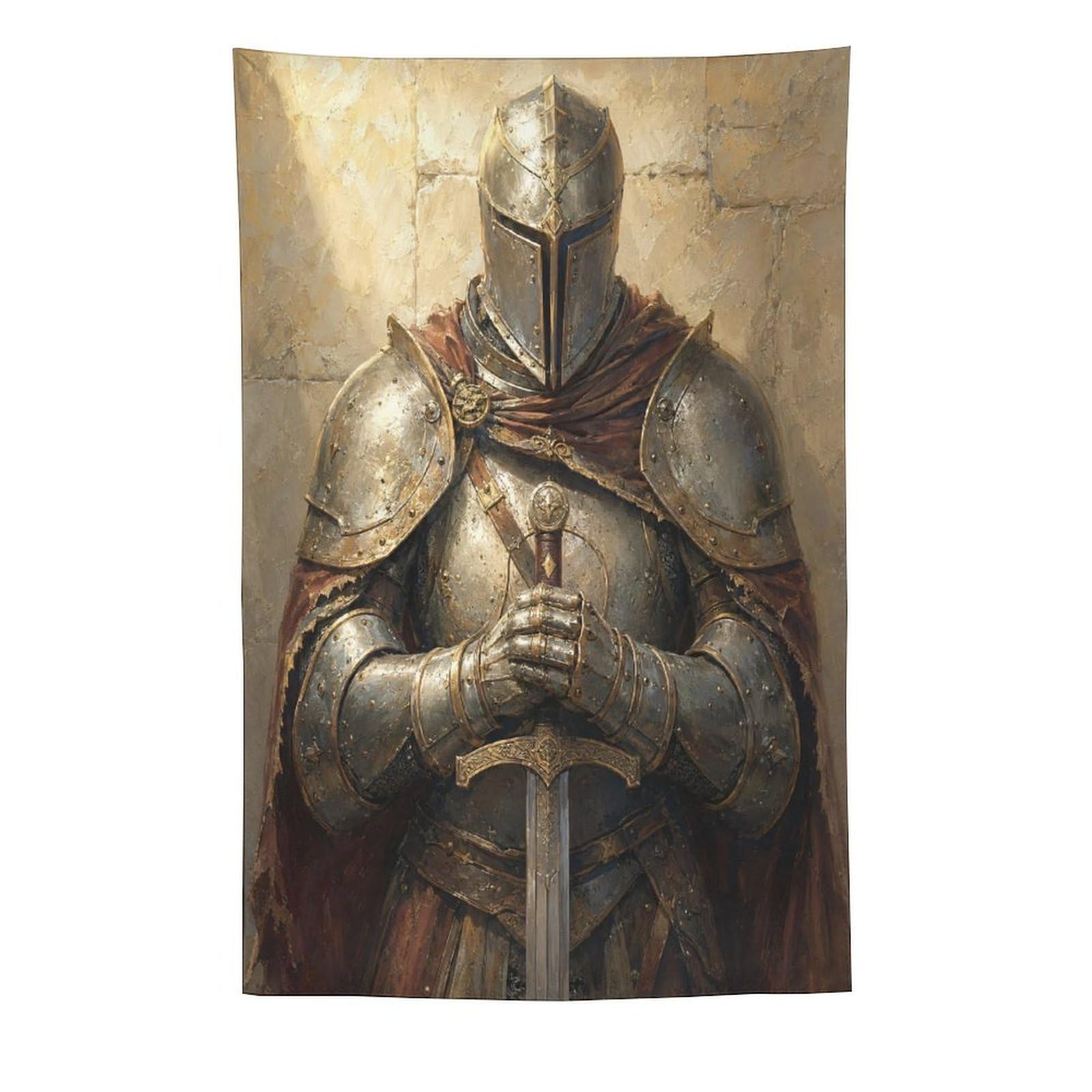 W7C8U2X3 Medieval Knight Prayer Wall Tapestry, Medieval Illustration Style